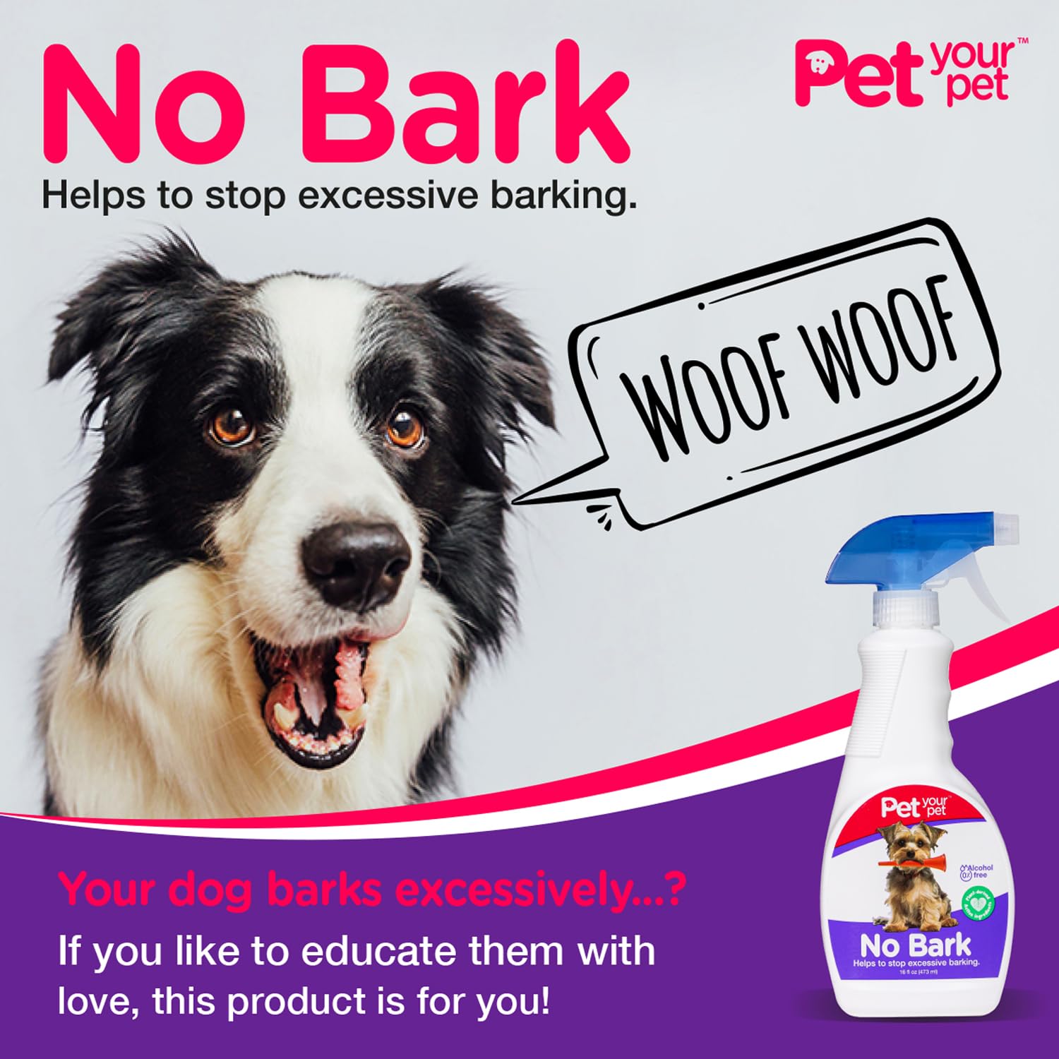 No Bark Pet Corrector Spray For Dog, 16 Fl Oz- Non Toxic Training Spray To Prevent Excessive Barking - Citronella Deterrent Stop