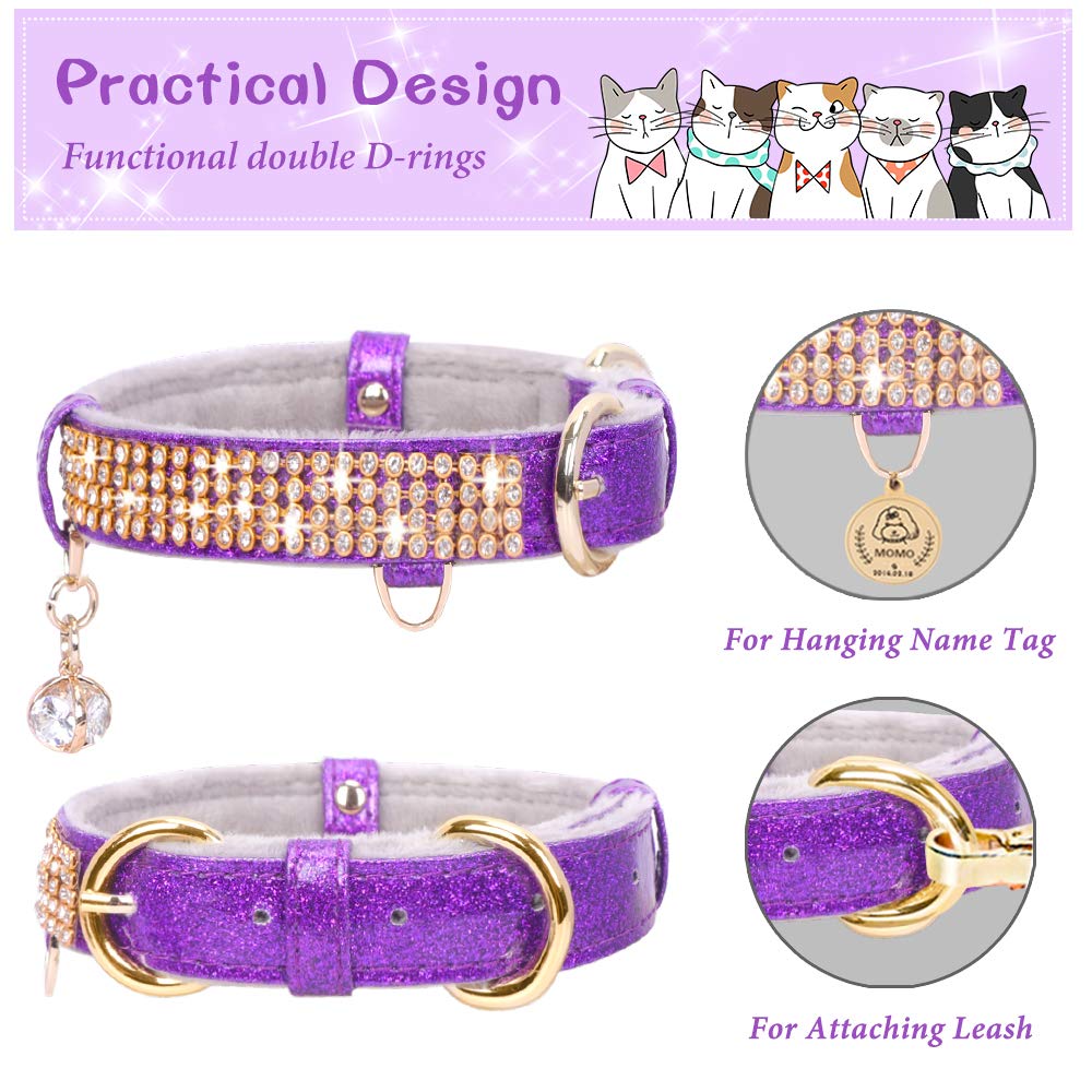 Petshome Cat Collar, Dog Collar, [Bling Rhinestones] Premium Pu Leather With Pendant Adjustable Collars For Cat And Small Dog Extra Small Purple