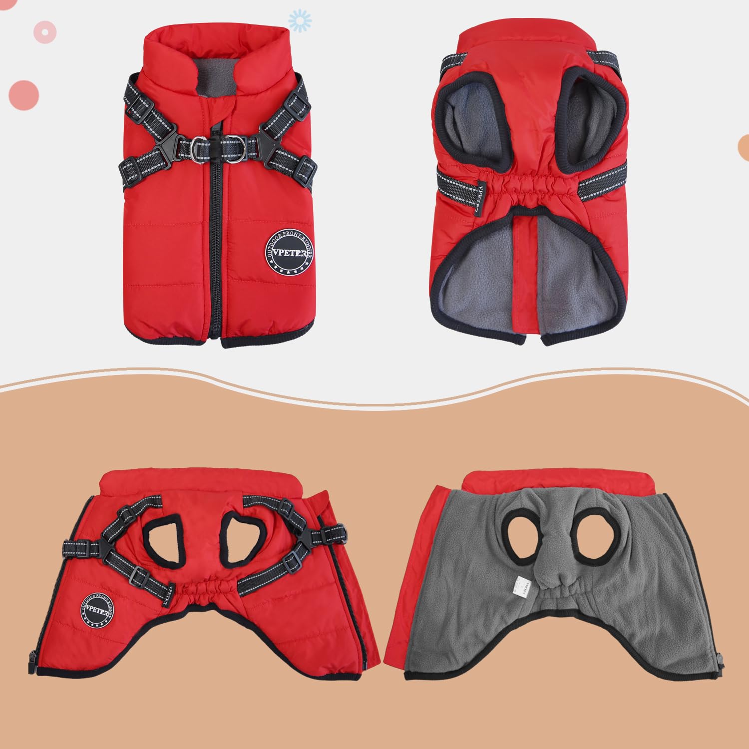 V.Pet.B.R Dog Winter Coat, Warm Padded Fleece Vest With Built-In Harness, Waterproof Windproof Reflective Snow Pet Coat For Smal