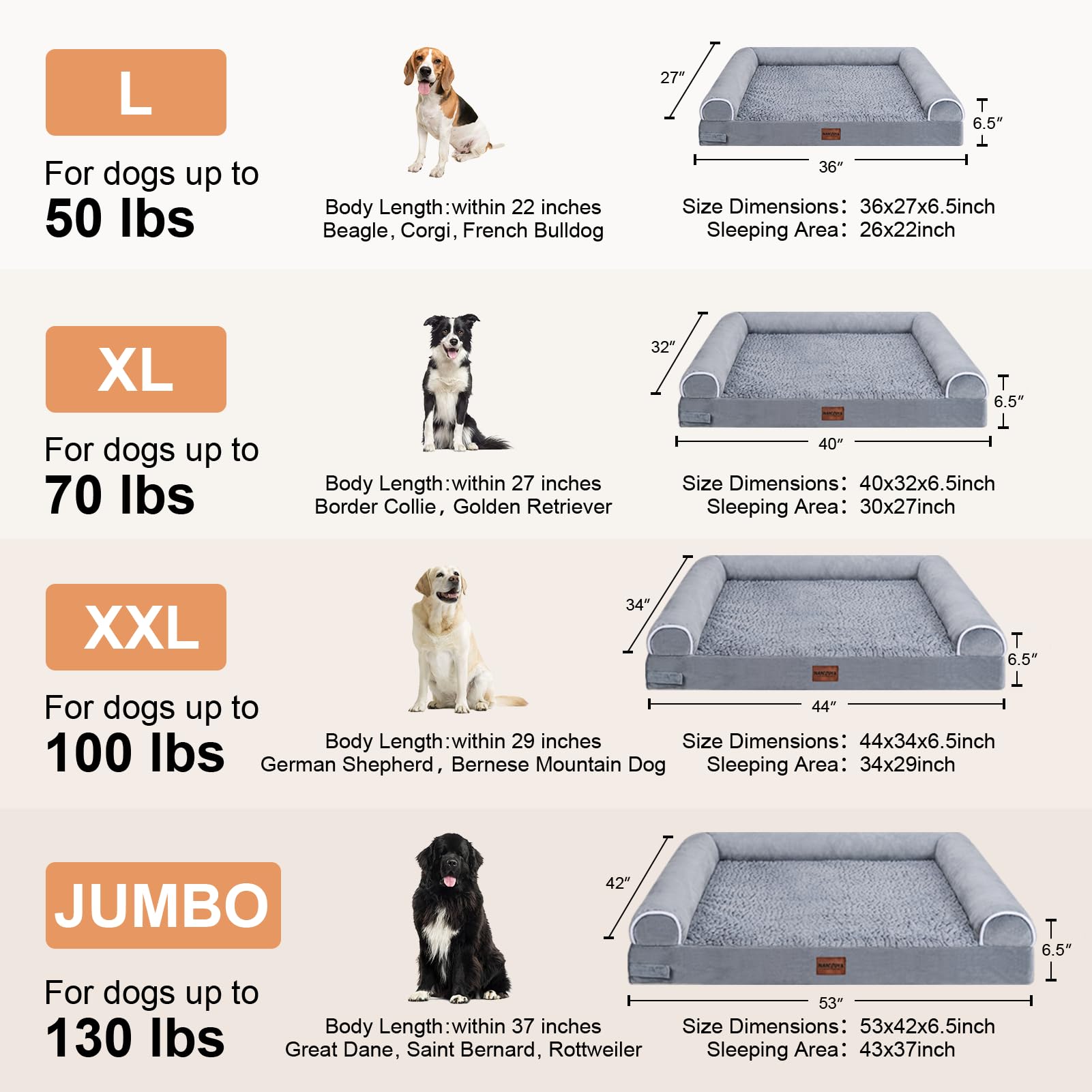 Large Dog Bed Orthopedic Washable: Jumbo Dog Bed Bolster Extra Large Dogs Egg Crate Foam Sofa Couch Waterproof Removable Cover - Grey