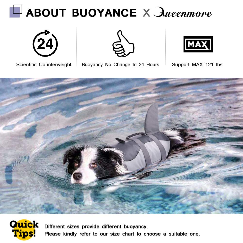 Queenmore Dog Life Jacket Ripstop Shark Dog Safety Vest Adjustable Preserver With High Buoyancy And Durable Rescue Handle For Small,Medium,Large Dogs, Grey Shark X-Small