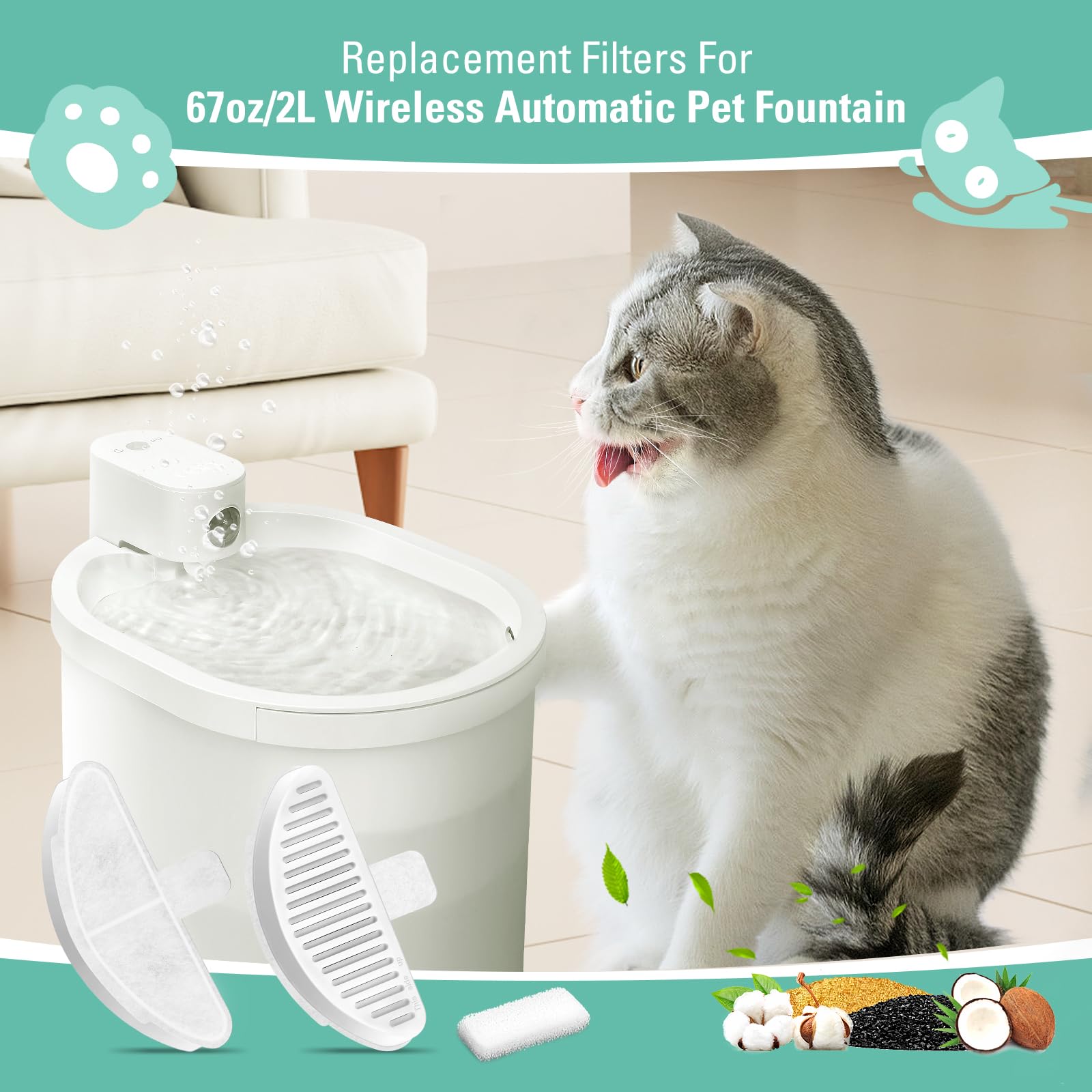 6 Pack Replacement Filters & 12 Pack Filter Sponges For 67Oz/2L Wireless Automatic Pet Fountain, Bflicroy Cat Water Fountain Fil