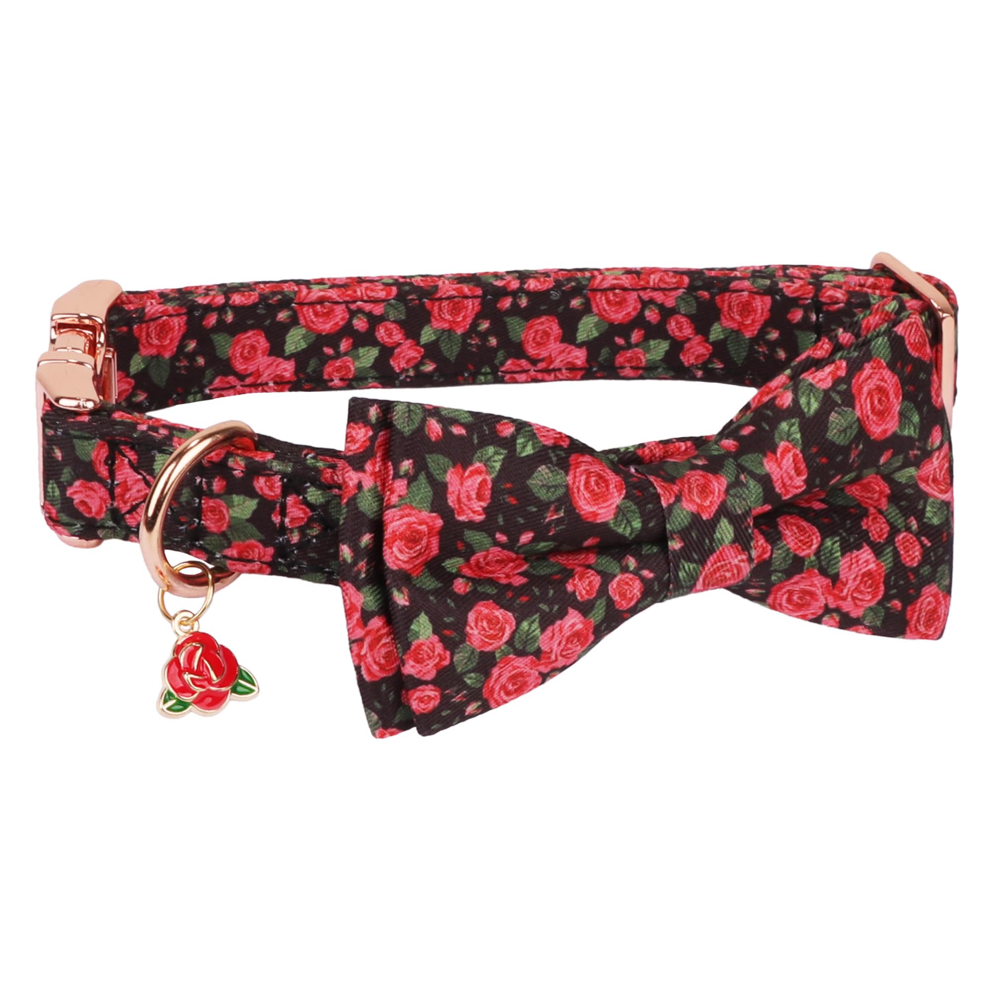 Adoggygo Floral Dog Collar With Bow, Red Rose Flower Dog Bowtie Collar With Metal Buckle, Adjustable Pet Floral Collars For Medi