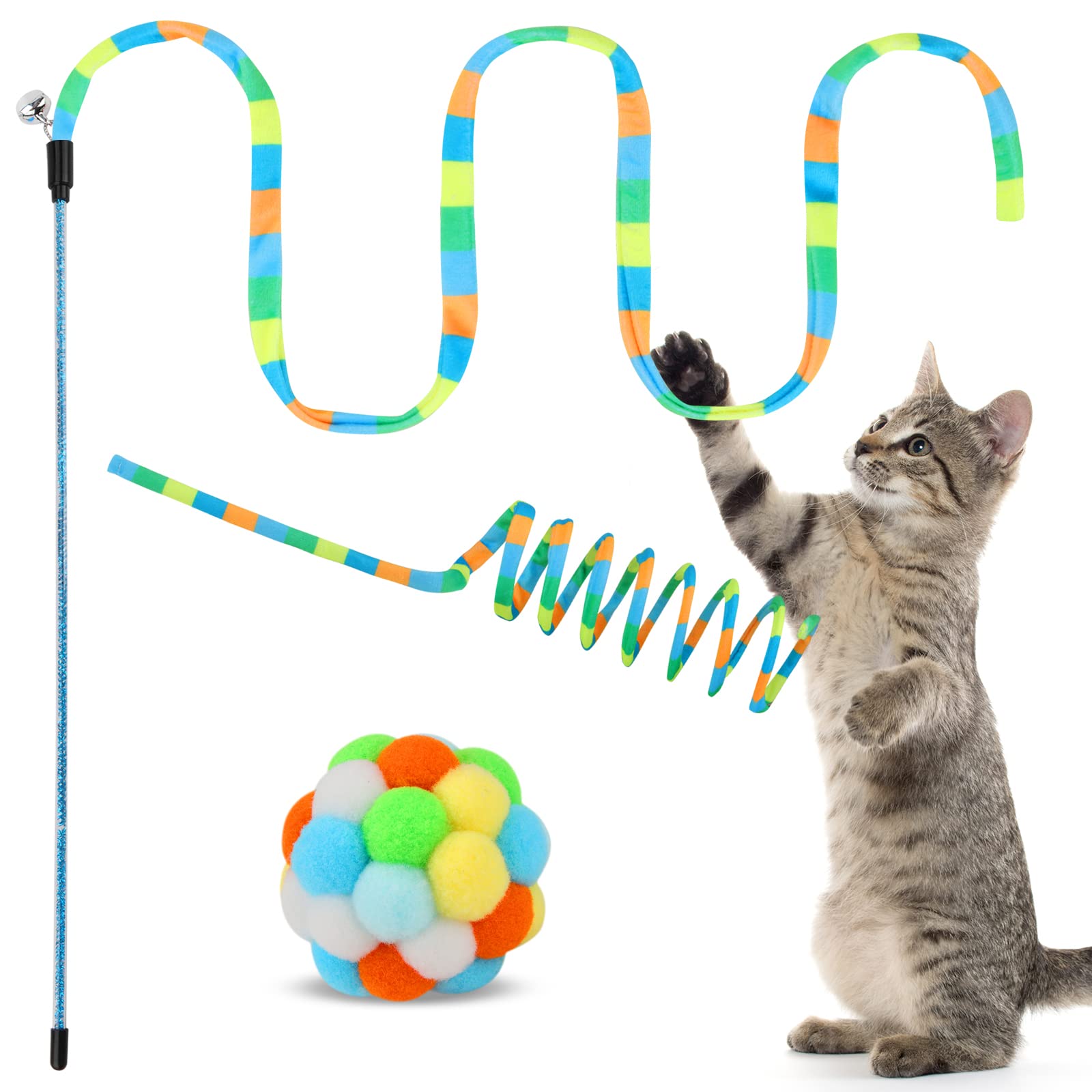 Tusatiy 3-Pack Cat Wand Toy With Fuzzy Balls, Bells & Springs - Rainbow Color Interactive Toys For Indoor Cats And Kittens (Rain