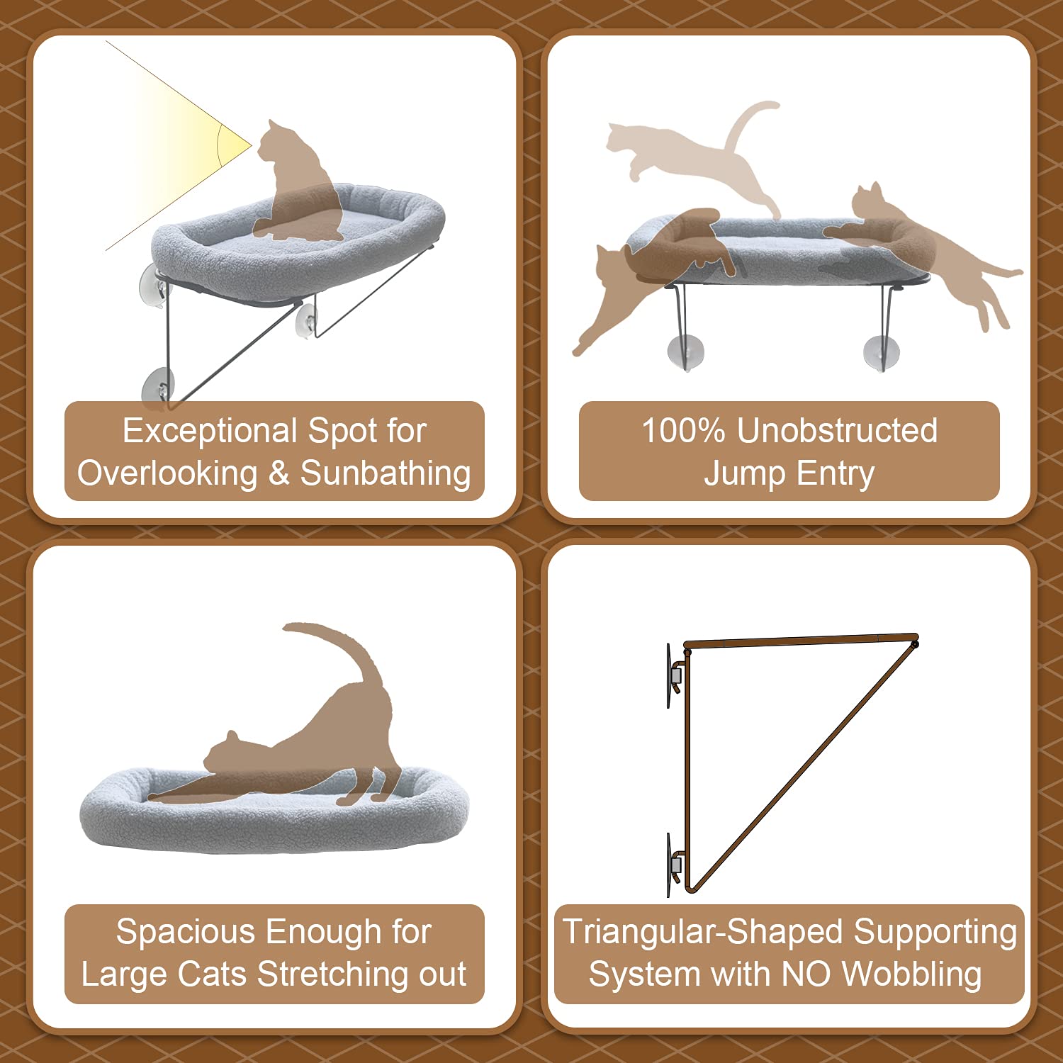 Zakkart Cat Window Perch - Metal Hammock for Large Cats - 23"x13"x12.5" - Grey with Spacious Bed for Sunbathing & Napping