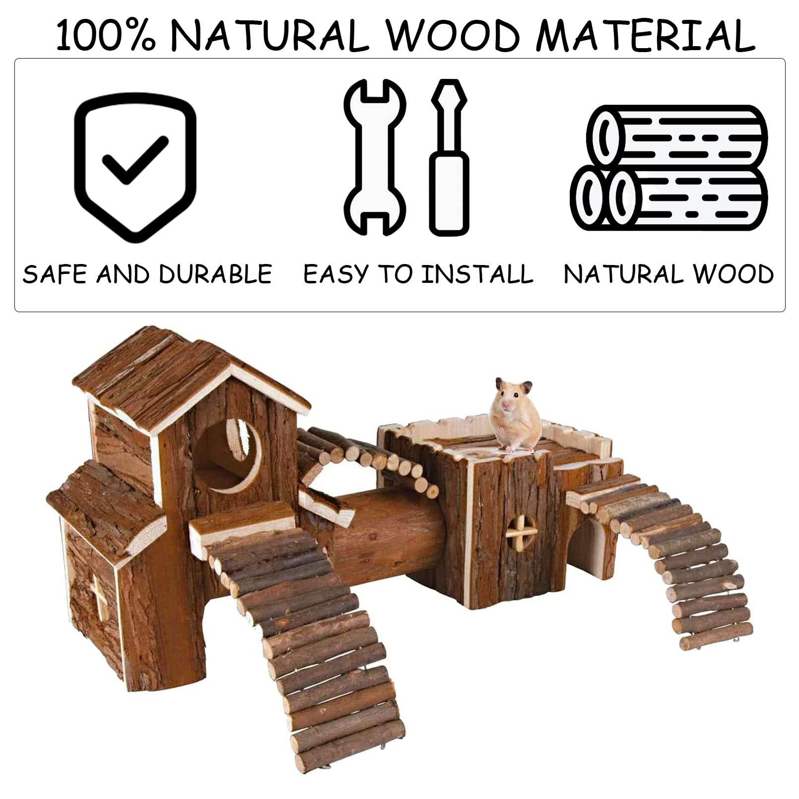 Natural Wooden Hamster Tunnel Playground Small Animal Multi-Room Hideouts Houses With Climbing Ladders & Bridge For Dwarf Hamste