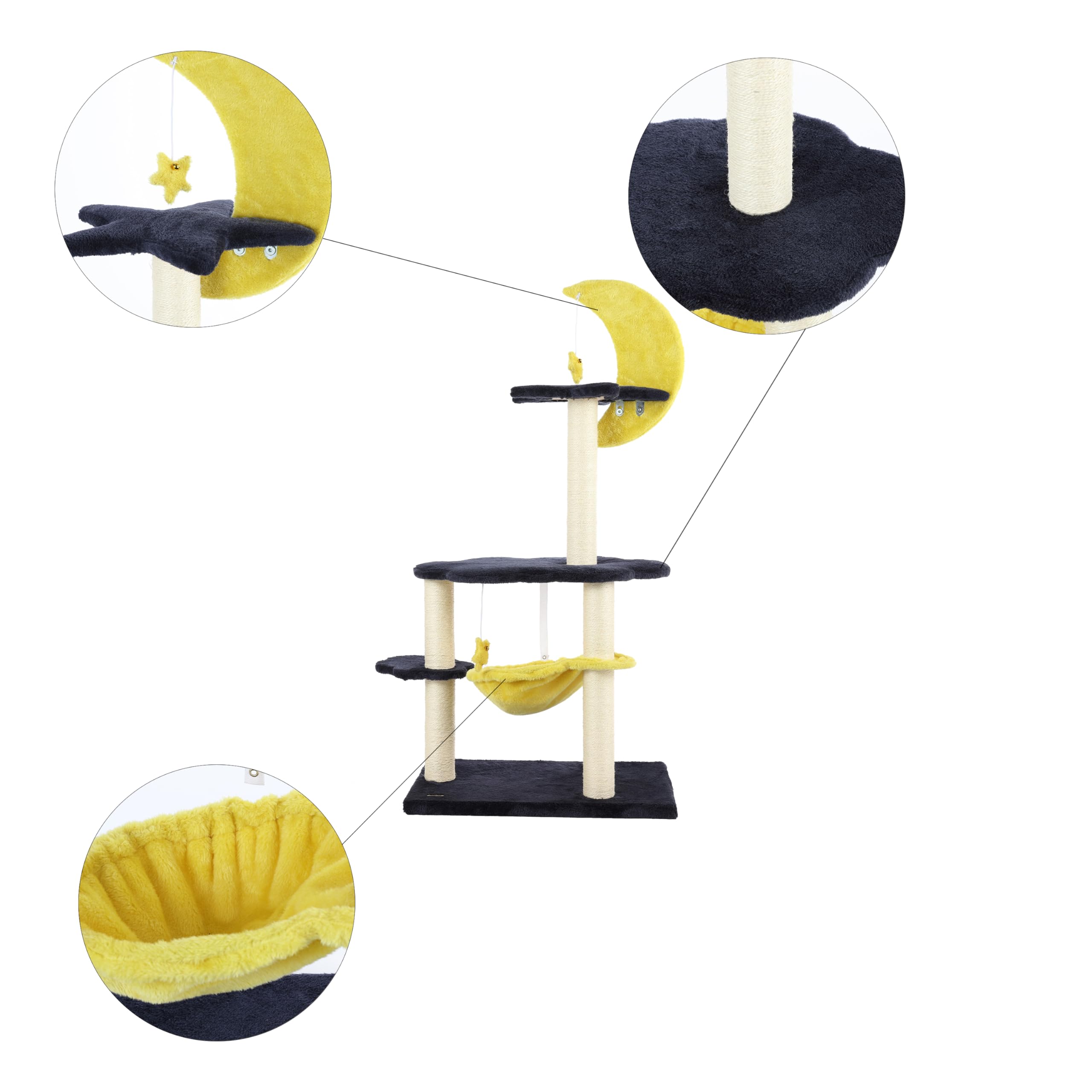 The Licker Store Ctr1003A Aurora 49'' 3-Tier Modern Sisal Moon And Stars Cat Tree With Scratching Posts, Basket, And Fuzzy Bell