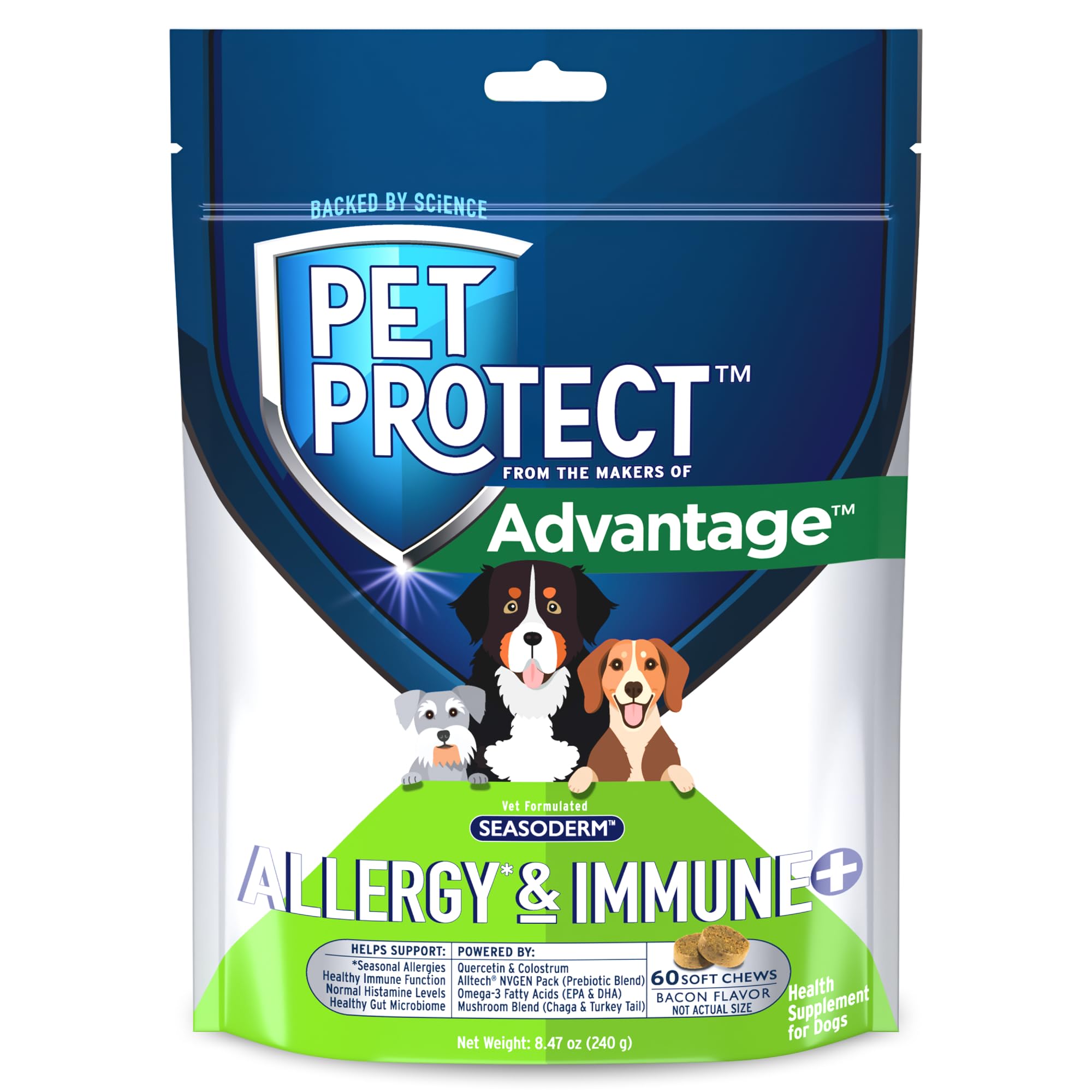 Pet Protect Allergy* & Immune+ Soft Chews for Dogs, Vet-Formulated Seasoderm, Bacon Flavor, 60 Count
