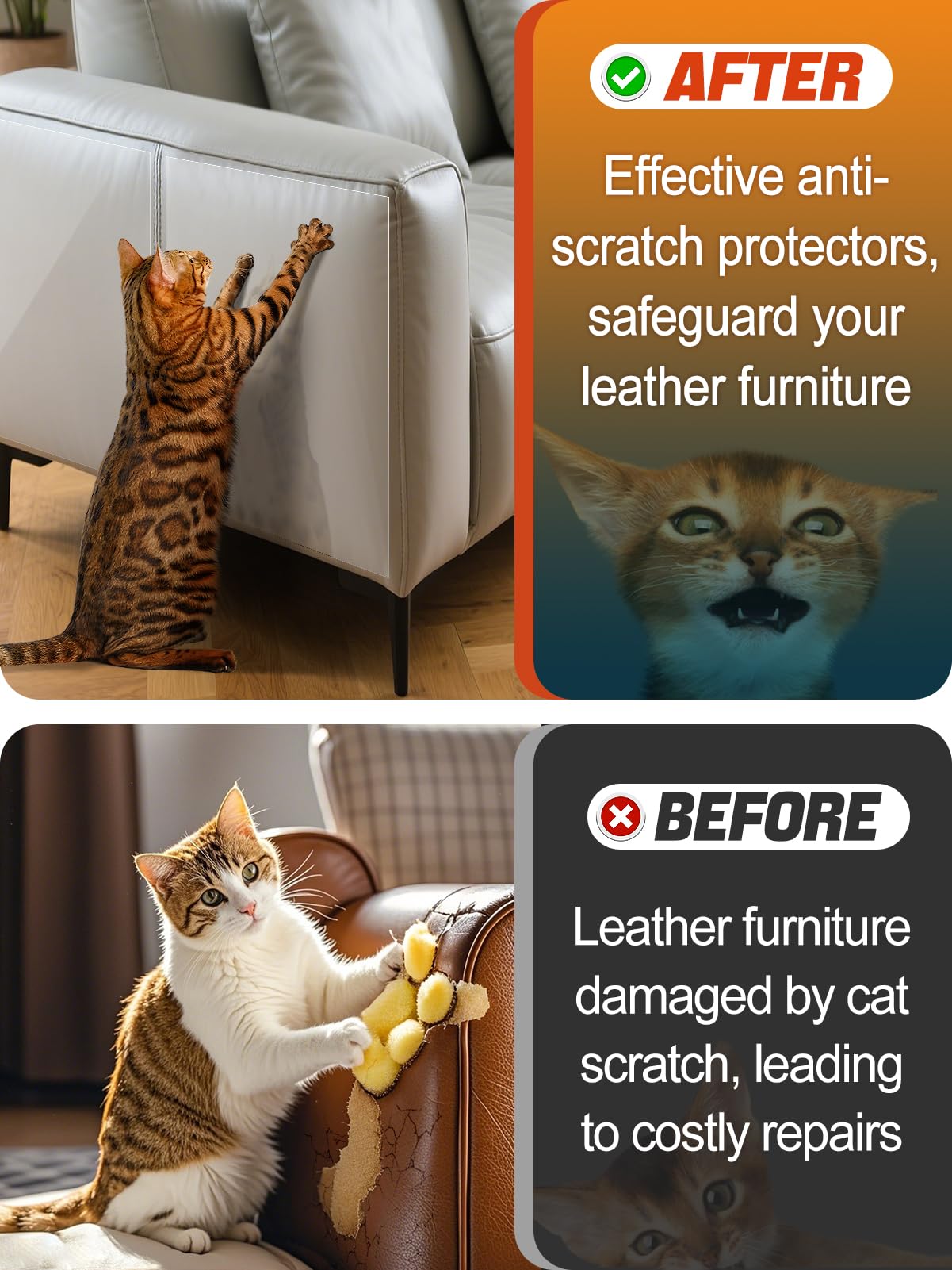 Cat Scratch Furniture Protector - Specially Designed for Leather Furniture, Easy to Remove Anti-Scratch Couch Protector from Cat