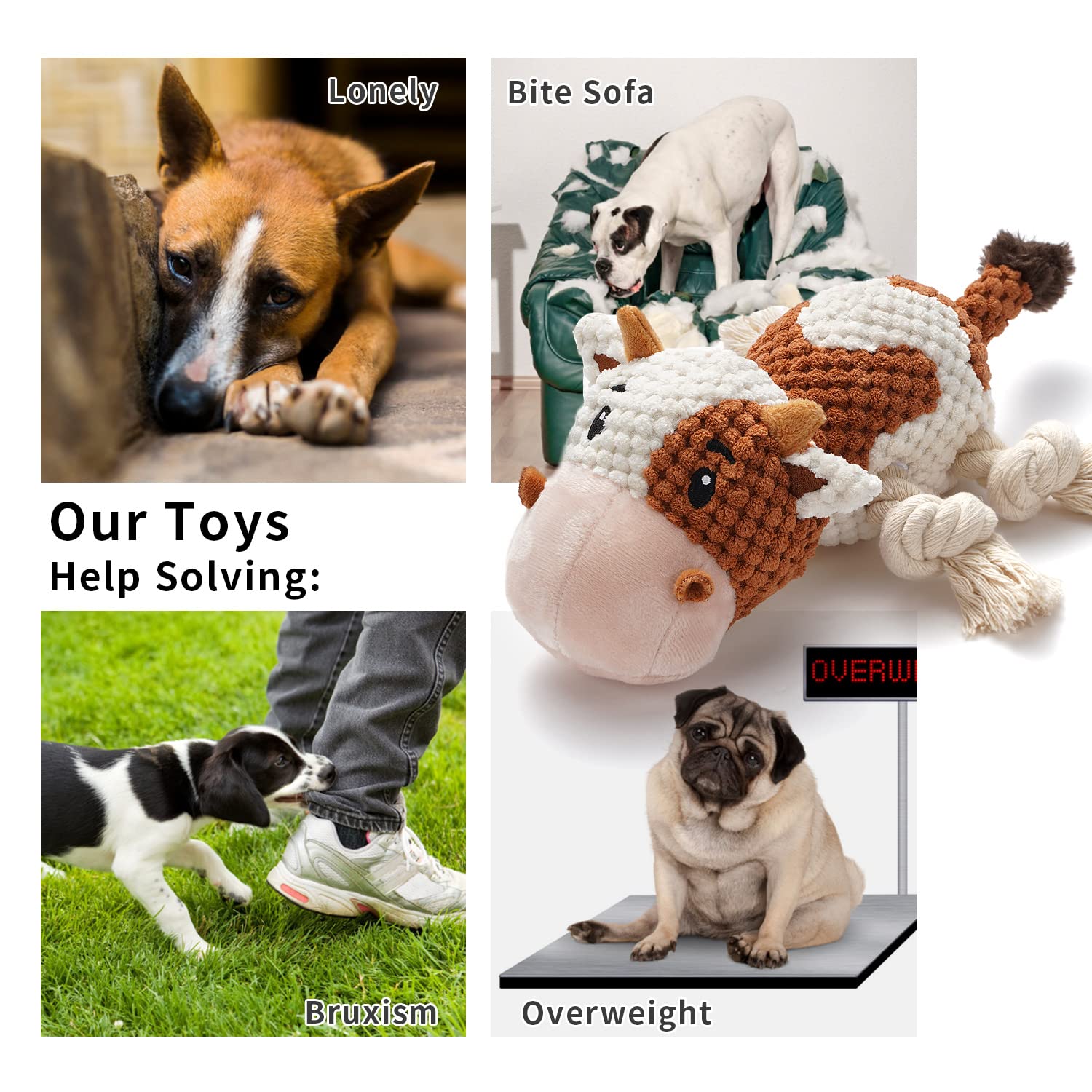 Sedioso Dog Toys, Dog Plush Toy For Large Breed, Cute Squeaky Dog Toys With Crinkle Paper , Dog Chew Toys For Puppy, Small, Middle, Big Dogs (Cow)