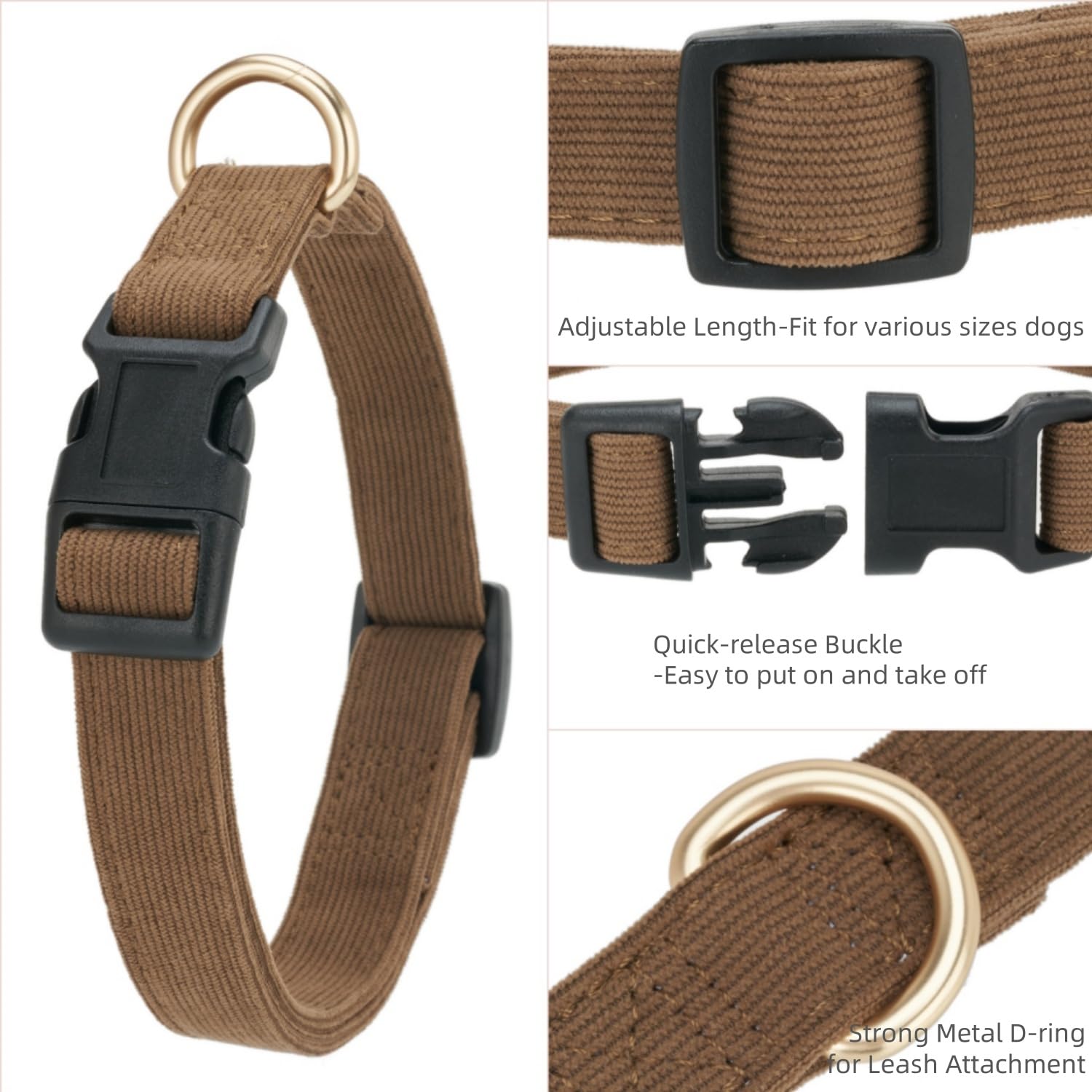 Petiry Soft Corduroy Fibric Dog Collar, Quick Side Release Buckle, for Small Dogs.(Brown,Small:10-15'')