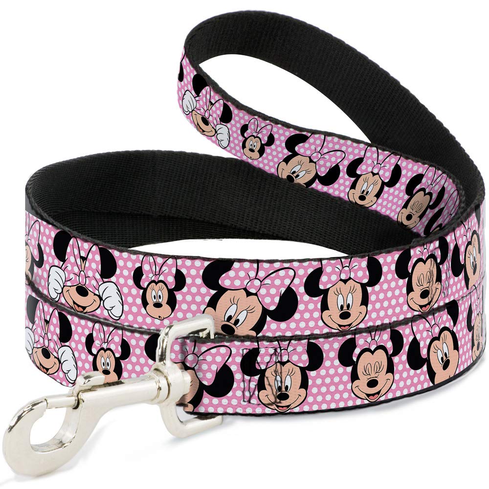 Buckle-Down Pet Leash - Minnie Mouse Expressions Polka Dot Pink/White - 6 Feet Long - 1.5' Wide