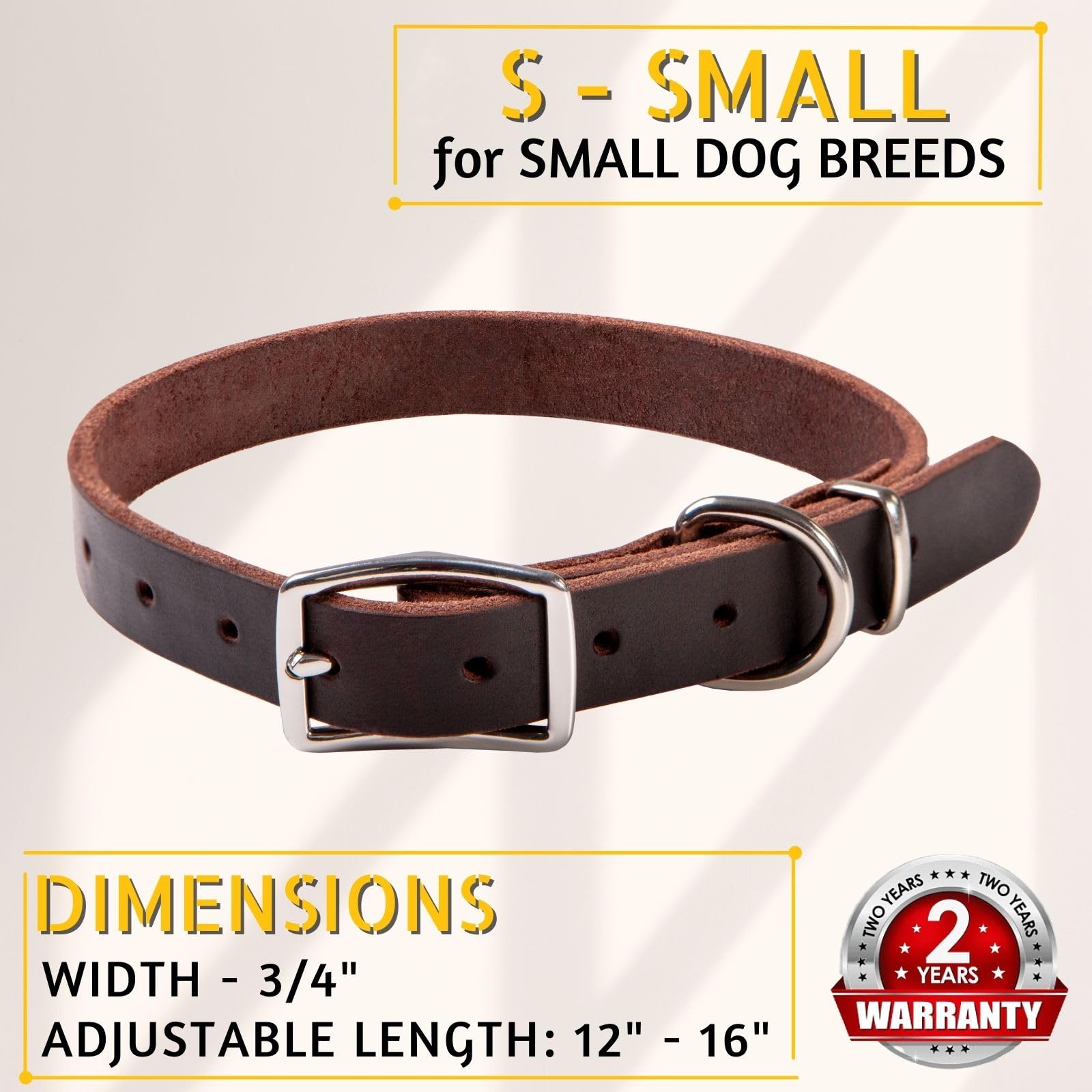 Adityna Leather Dog Collar For Small Dogs - Classic, Soft, Strong, Heavy Duty, Handmade Top-Grain Leather - For Walking, Trainin