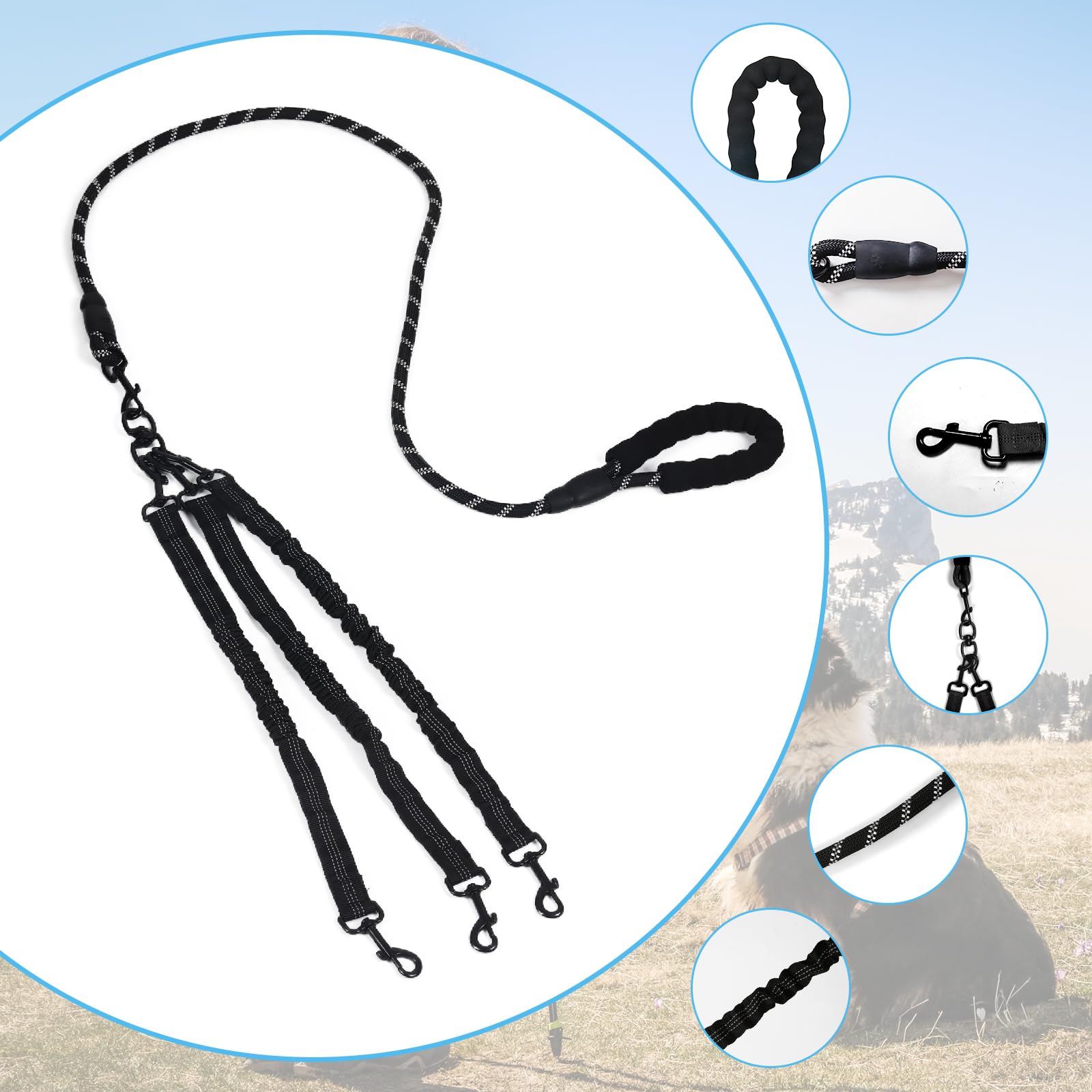 Dog Double Leashes,5-In-1 Pet Leash For Multiple Pets - Heavy Duty Dog Cat Lead With Reflective Stripes, Comfort Grip & Durable