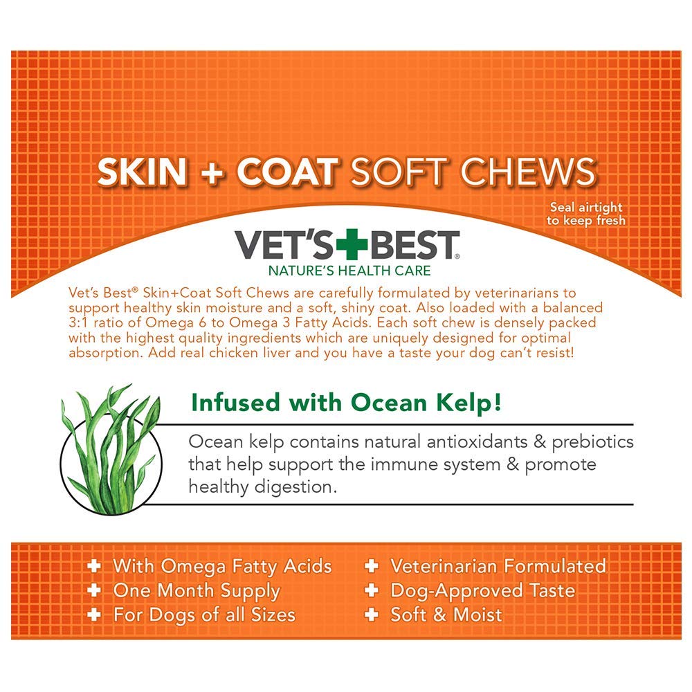 Vets Best Skin & Coat Soft Chew Dog Supplements | Formulated with Vitamin E & Biotin To Maintain Dogs Healthy Skin & Coat | 30