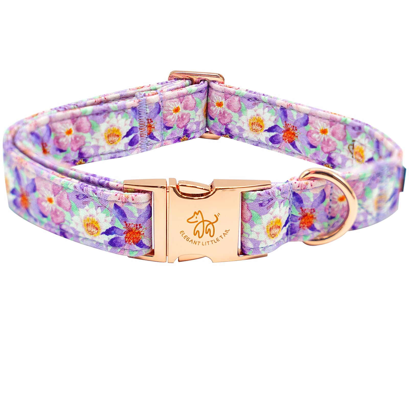 Elegant Little Tail Purple Floral Print Summer Dog Collar - Cotton, Durable, Metal Buckle For X-Small Dogs