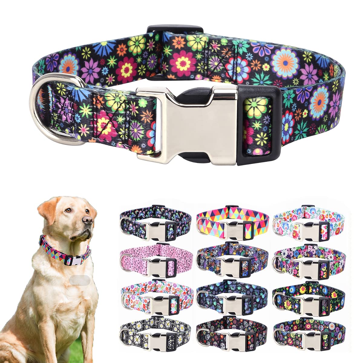 Colorful Flower Dog Collars For Large Dogs, Pretty Pattern Print Floral Dog Collar Metal Buckle Durable Soft Female Dog Collars 