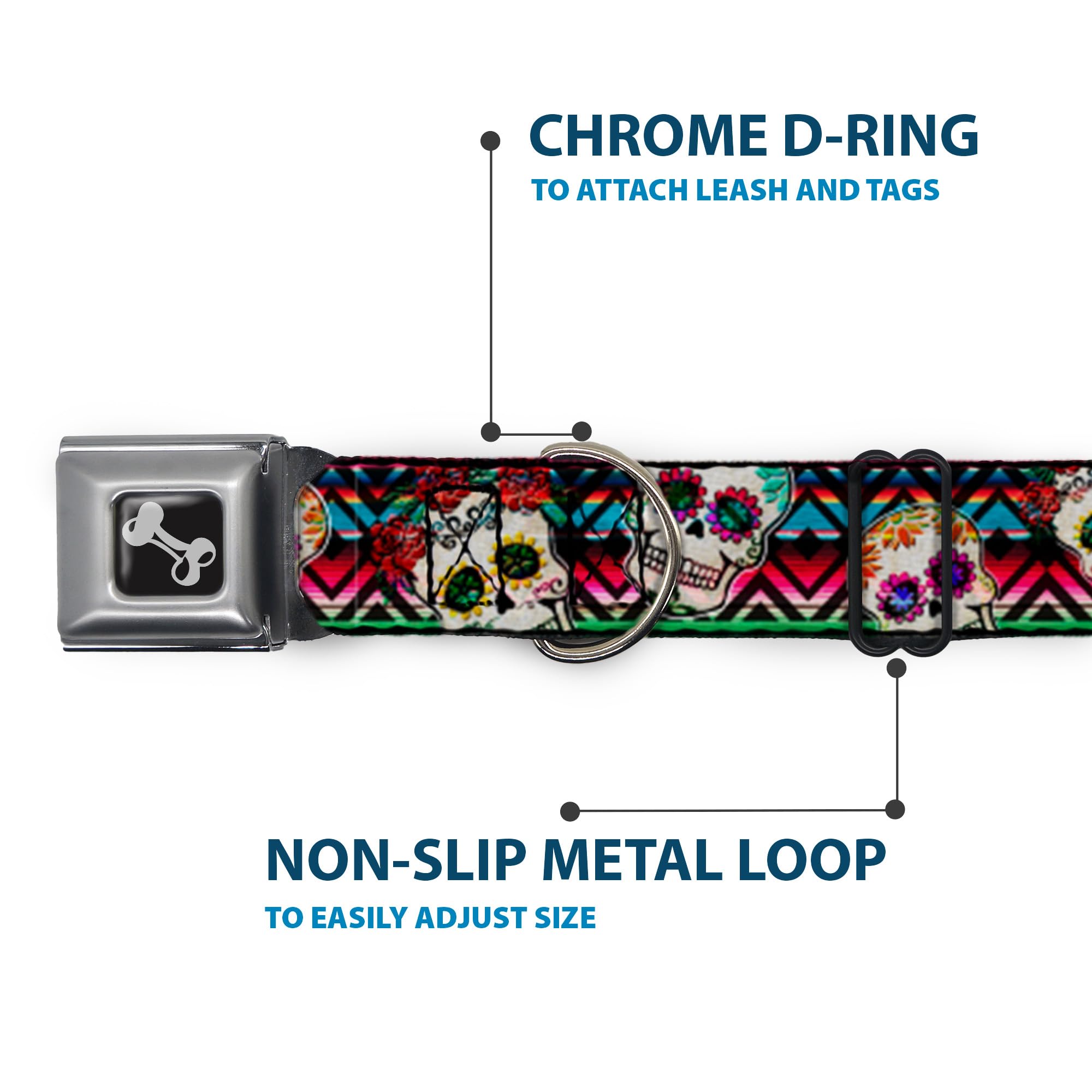 Dog Collar Seatbelt Buckle Sugar Skulls Zarape Multi Color 16 To 23 Inches 1.5 Inch Wide, Dc-W34561-Wm