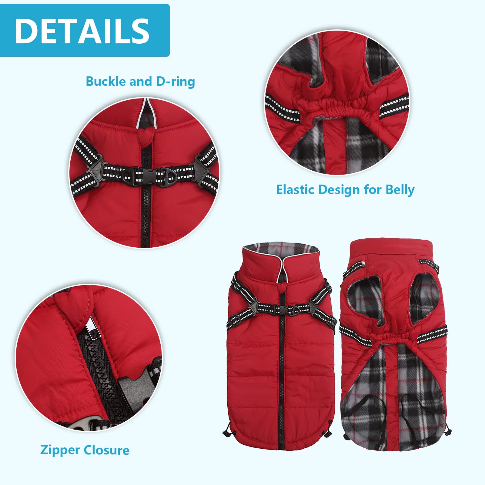 Geyecete Winter Warm Coat Waterproof Dog Jacket with Harness Traction Belt,Pet Outdoor Jacket Dog Autumn and Winter Clothes-Red-
