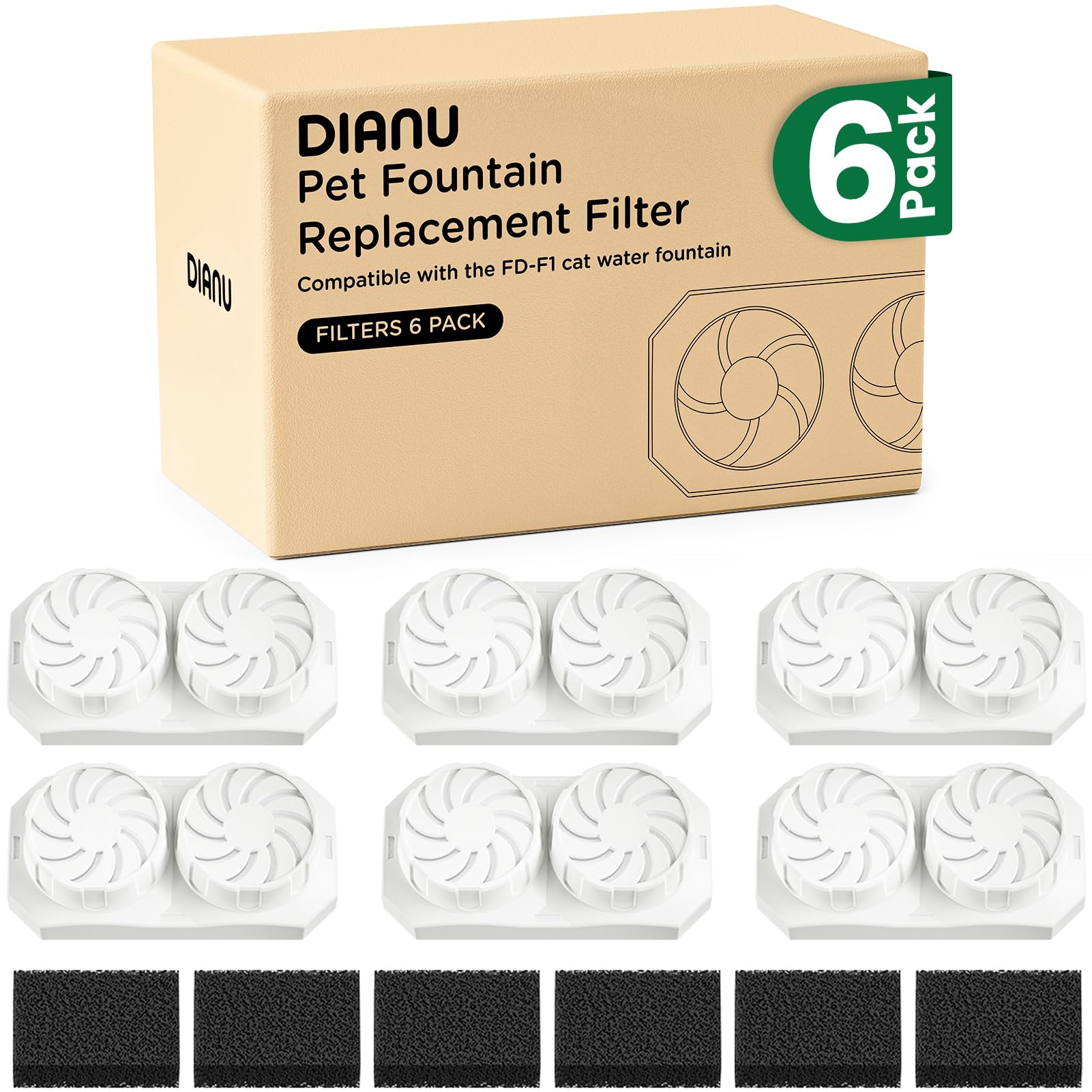 DIANU Official Cat Water Fountain Replacement Filters & Pre-Filter Sponges for 3.2L/108oz Stainless Steel Pet Fountain (6 Pack)