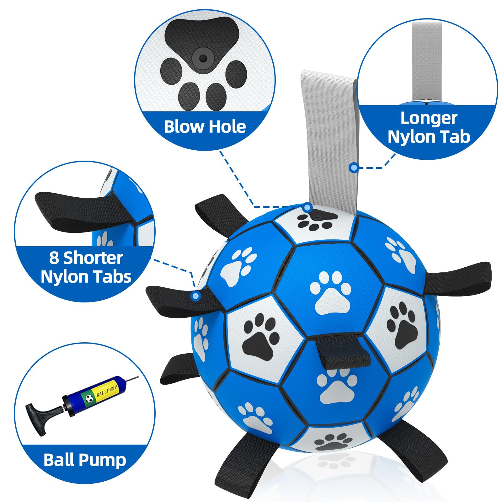 Qdan Dog Ropes Toys Soccer Ball With Straps, Interactive Dog Toys For Tug Of War, Puppy Birthday Gifts, Dog Tug Toy, Dog Water Toy, Durable Dog Balls For Small & Medium Dogs-Blue&Grey(6 Inch)