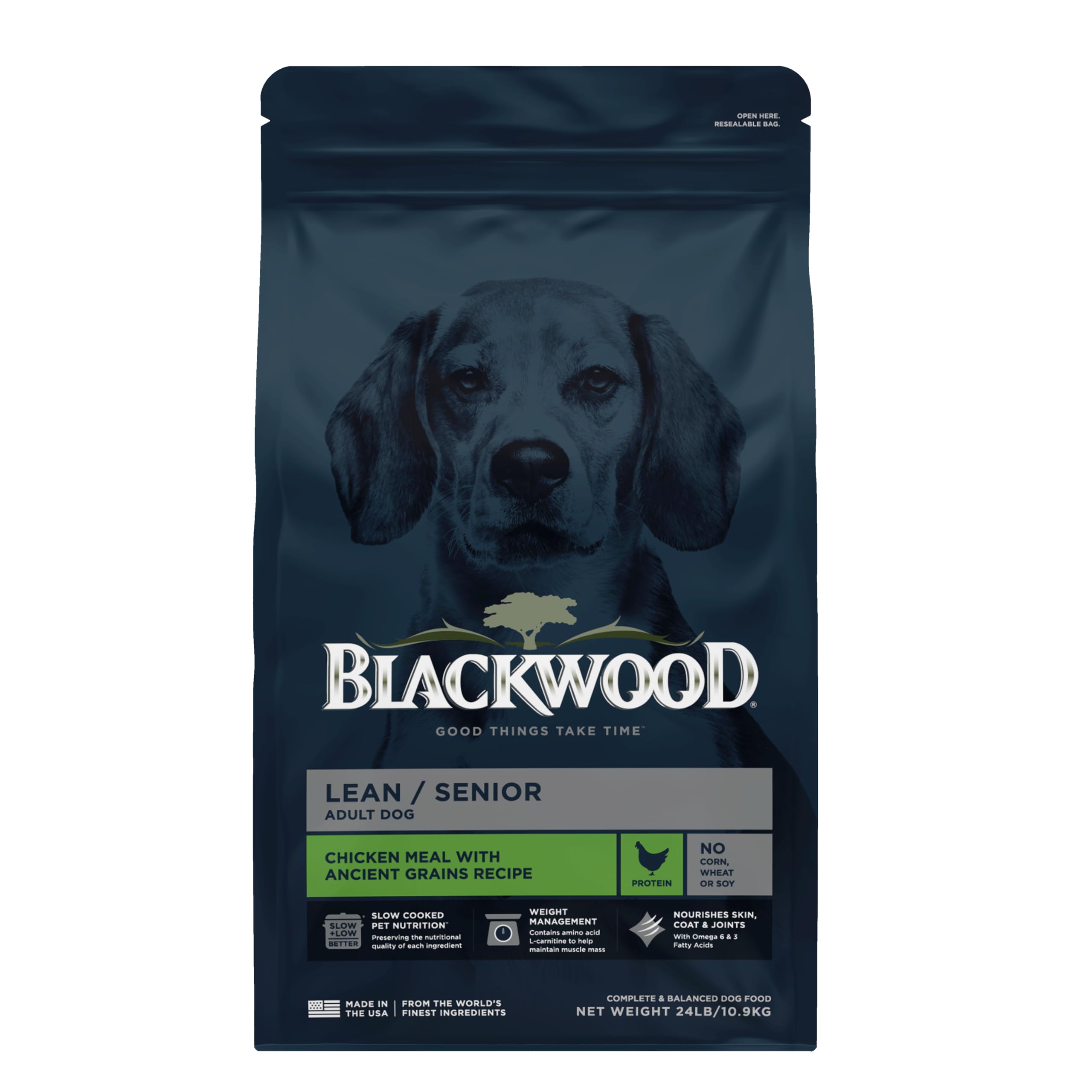 Blackwood Lean/Senior Dry Dog Food, Chicken Meal with Ancient Grains, 24 Pound Bag for Weight Management and Muscle Mass Mainten
