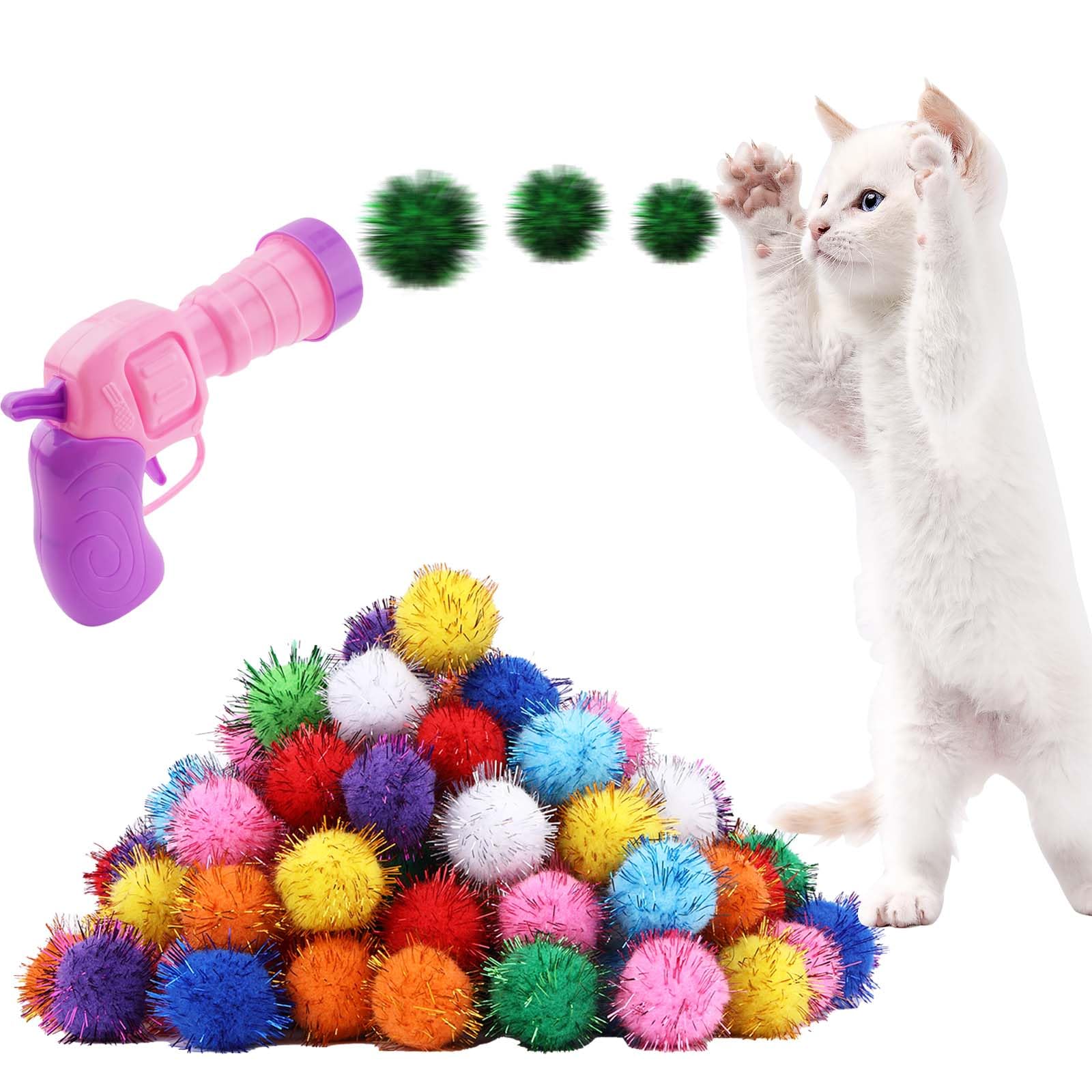 102Pcs Cat Toy Gun Launcher - 100 Sparkle Pom Pom Balls And 2 Ball Launchers, Interactive Fetch Toy Shooter For Indoor Cats And