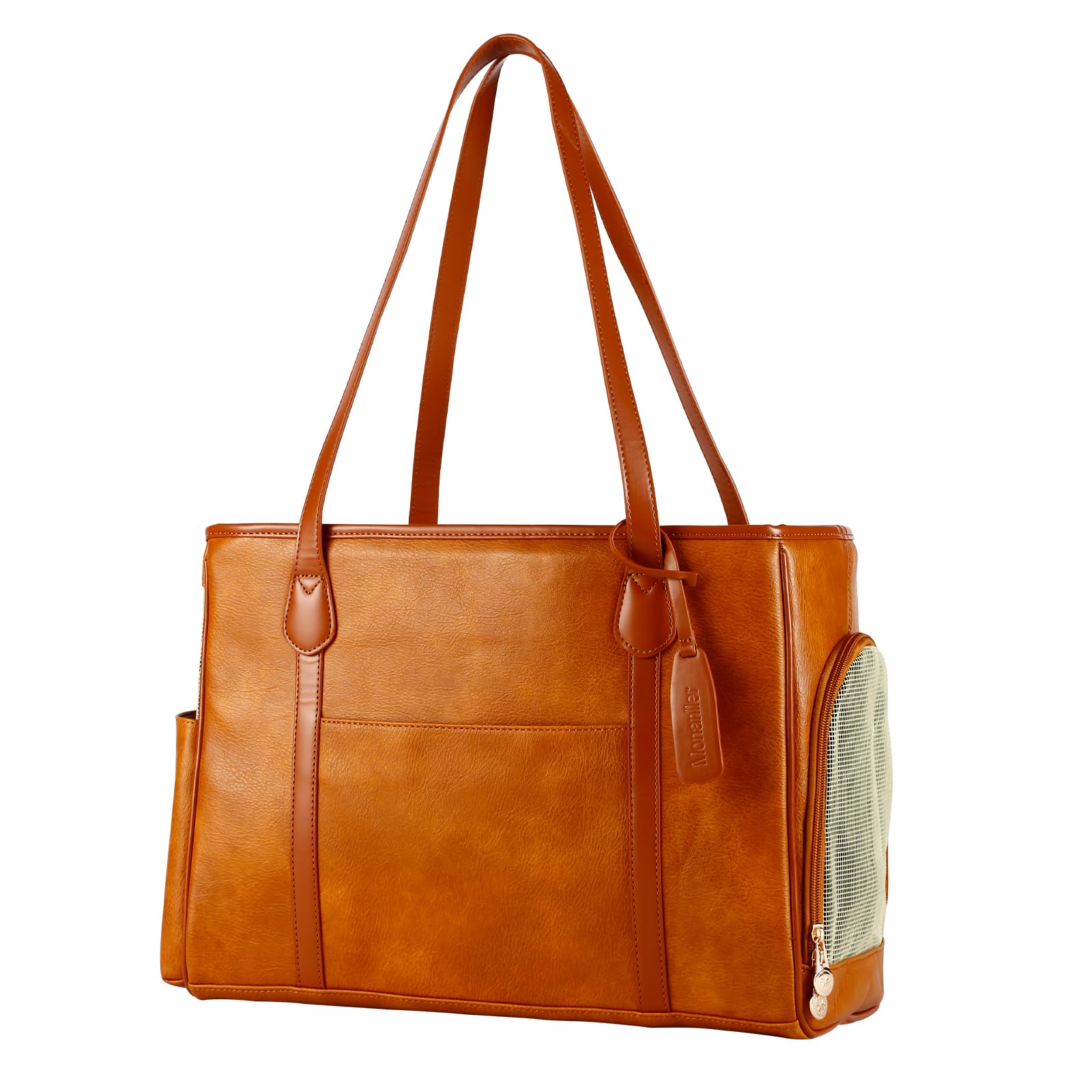 Monanller Stylish Dog Purse Carrier, Leather Pet Carrier Bag For Small Dogs Cats Puppy, Airline Approved Soft-Sided Carrier Brow