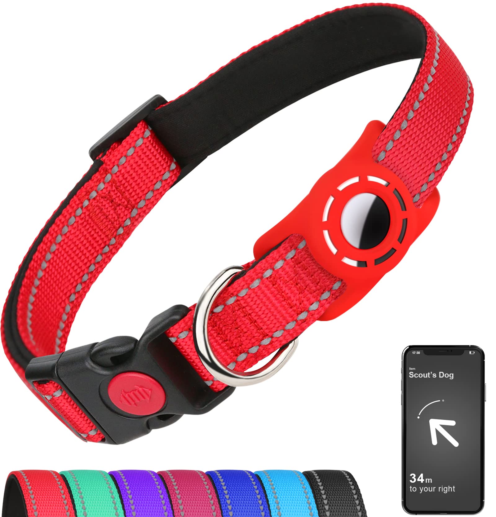 Erbine Airtag Dog Collar For Small Dogs, Reflective Dog Collars With Airtag Holder, Soft Padded & Safety Locking Buckle, Nylon Pet Collar Adjustable For All Breeds, Red
