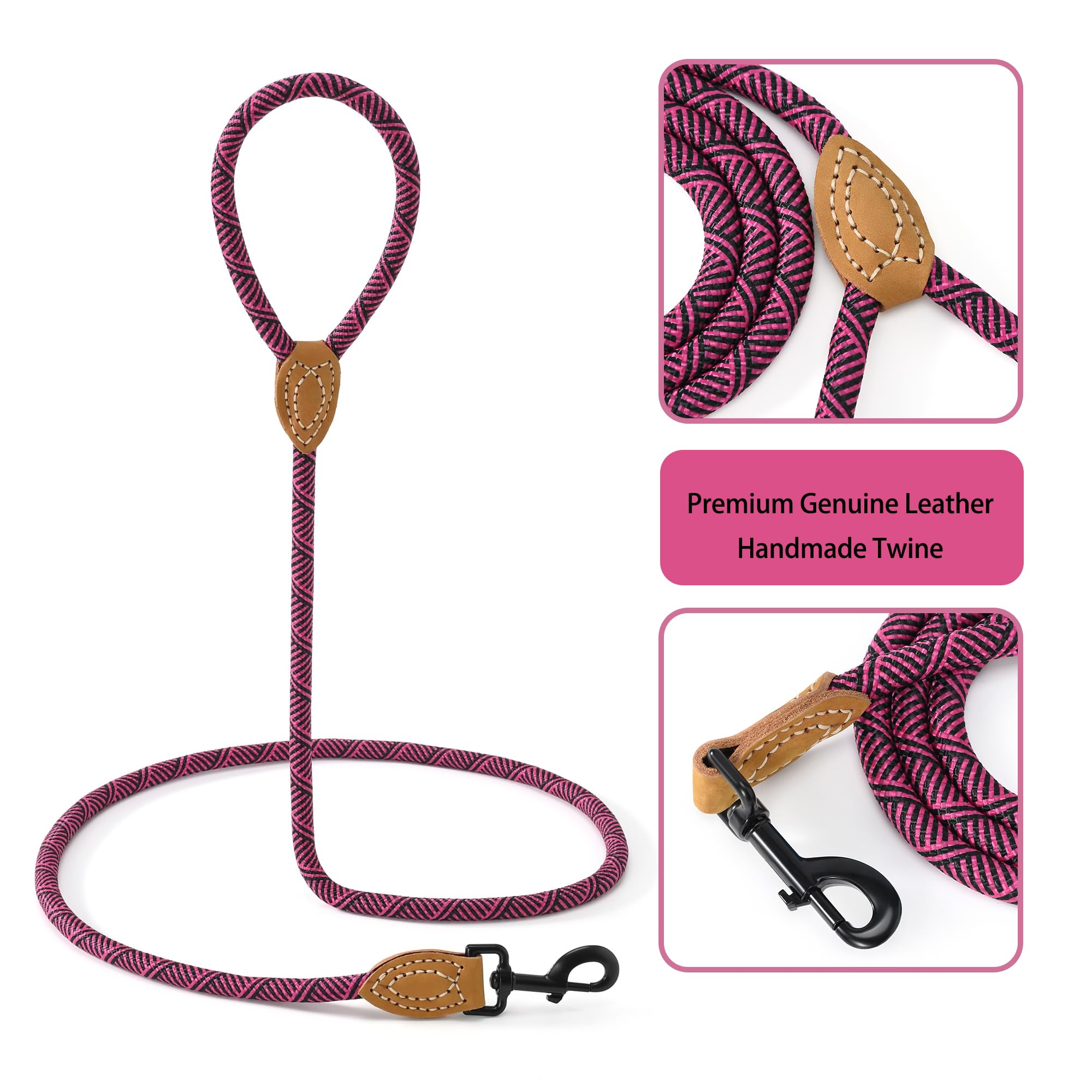 Mile High Life Rope Leash With Genuine Leather Connection, 6 Ft/5 Ft/4 Ft, Heavy Duty Leash For Medium & Large Dogs (Hot Pink, 7