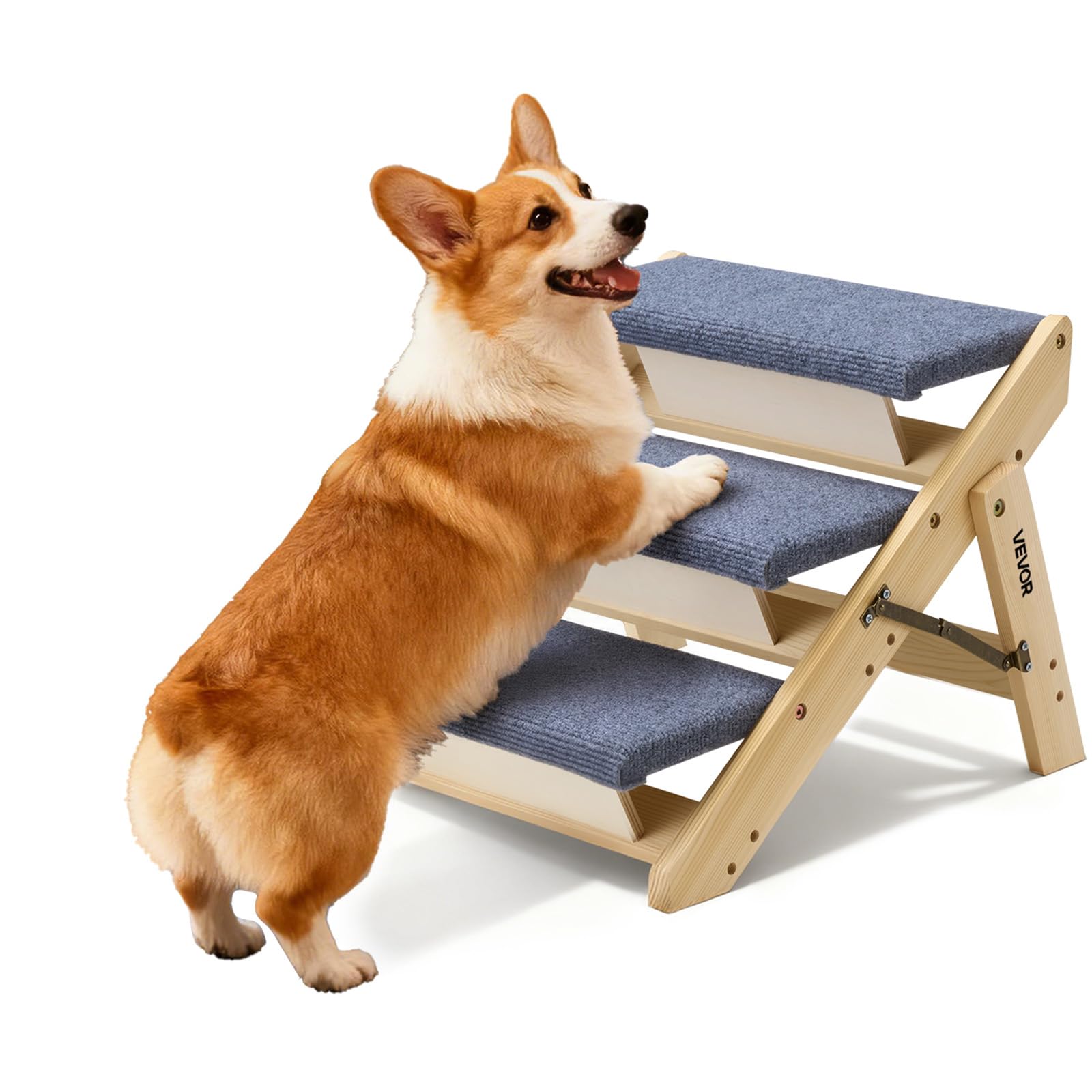 VEVOR Wood Pet Stairs, 3-Step Dog Stairs for Beds, Sofa & Cars, 150lbs Load Capacity, Floded Flat Design, Stable & Sturdy Cat & 