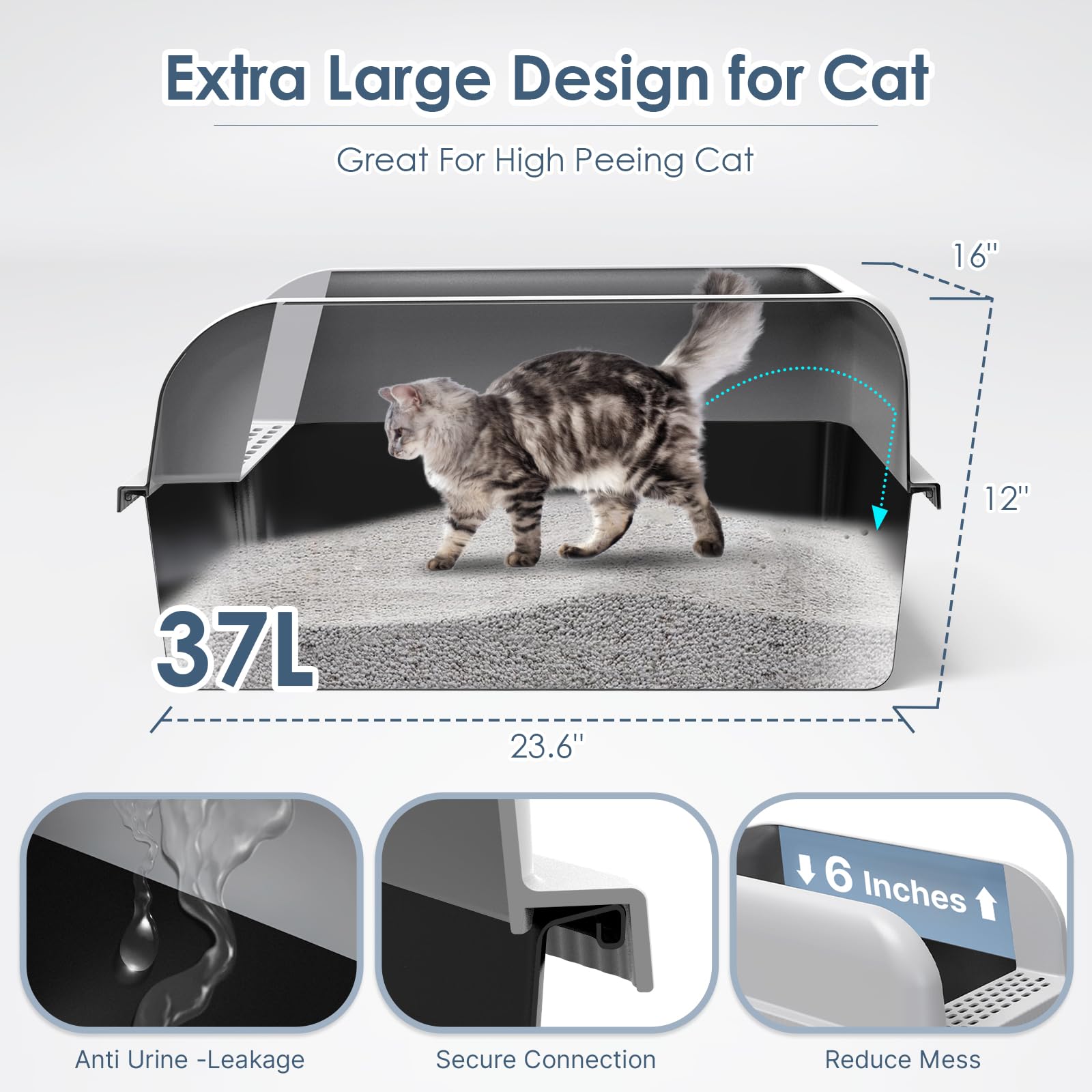 Suzzipaws Non-Sticky Coated Stainless Steel Cat Litter Box With Lid Extra Large Litter Box For Big Cats Xl Metal Litter Pan Tray With High Wall Sides Enclosure, Anti-Leakage, Easy Cleaning