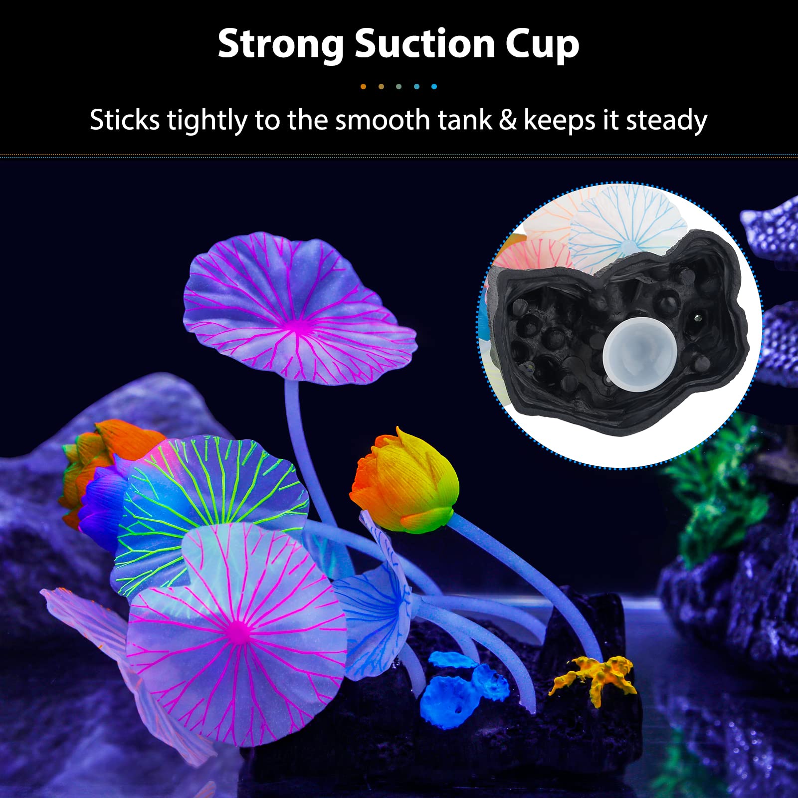 Uniclife Glowing Effect Lotus Ornament Silicone Decor Aquarium Decoration for Fish Tank with Suction Cup