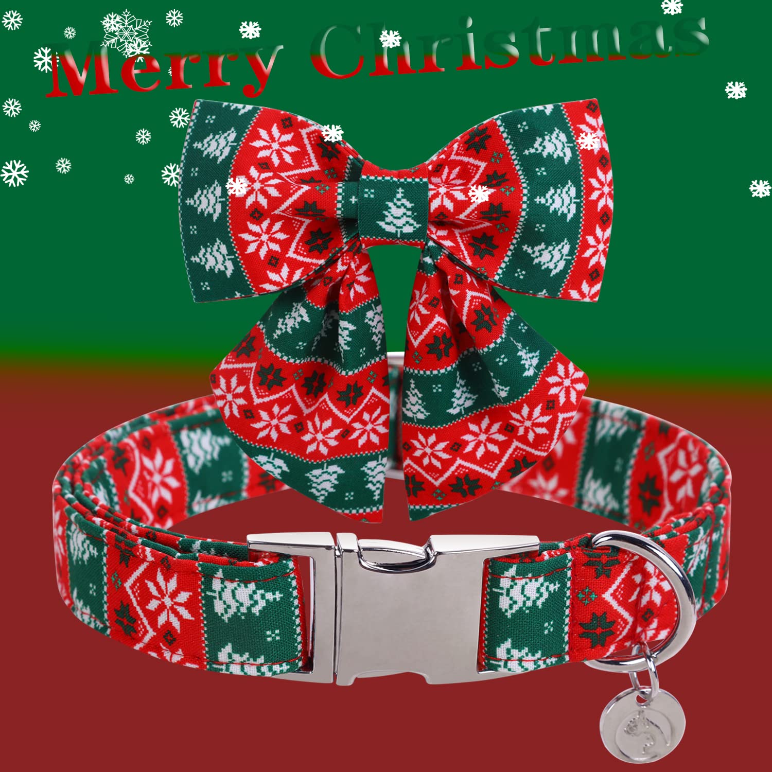 Dogwong Christmas Dog Collar With Sailor Bow Tie, Red Green Strip Snowflake Dog Collar Soft Durable Adjustable Cotton Puppy Coll