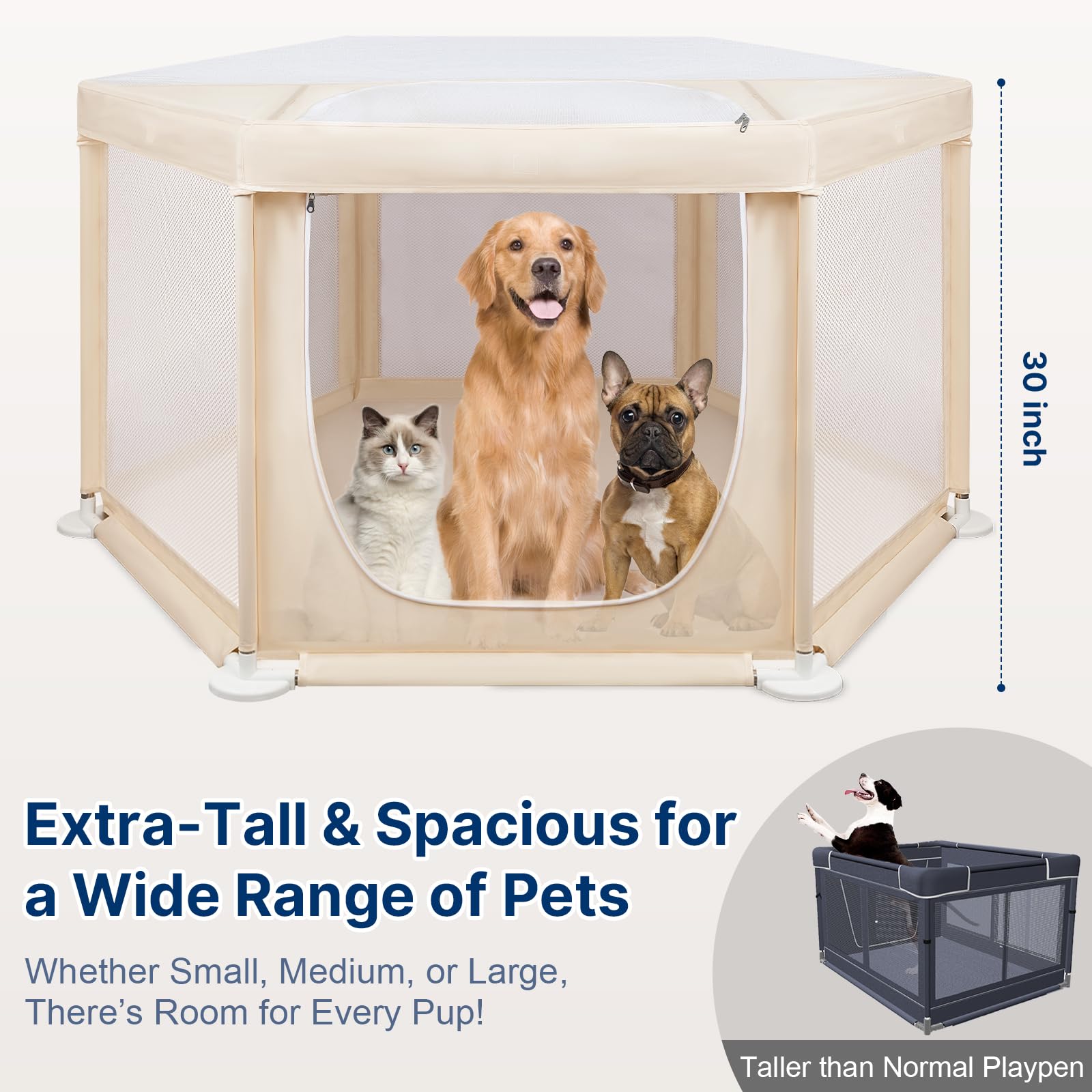 58''X58''X30'' Large Dog Playpen Indoor, Extra Tall Puppy Playpen With Removable Roof, Sturdy Fabric Mesh Dog Pen For Medium To