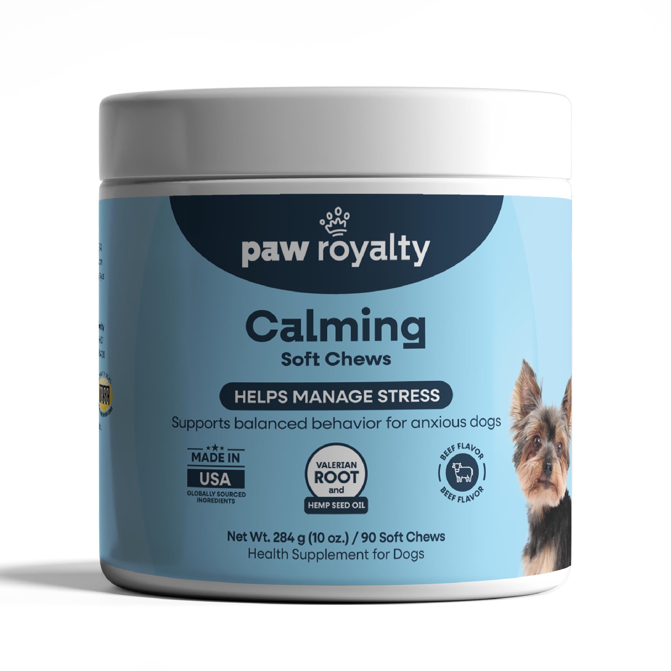 Calming Support for Dogs | Valerian Root, Chamomile, L-Tryptophan & Melatonin Formula | Beef Flavor Soft Chews for Dogs, 90 Coun