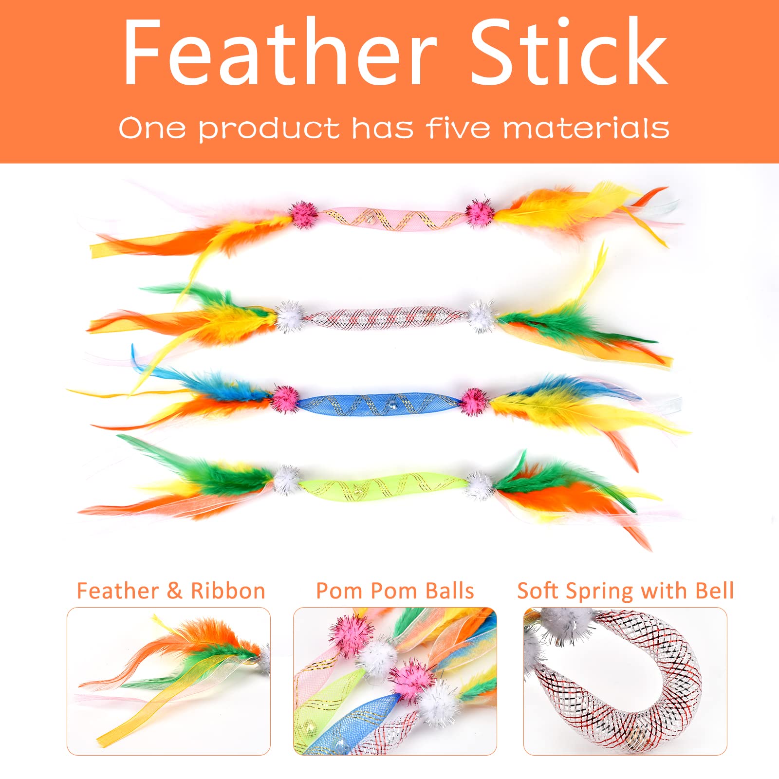 Tusatiy Cat Feather Toys With Bell 4Pack, Colorful Cat Teaser Cat Springs Ribbon Toys,Interactive Cat Toys For Indoor Cats Kitte