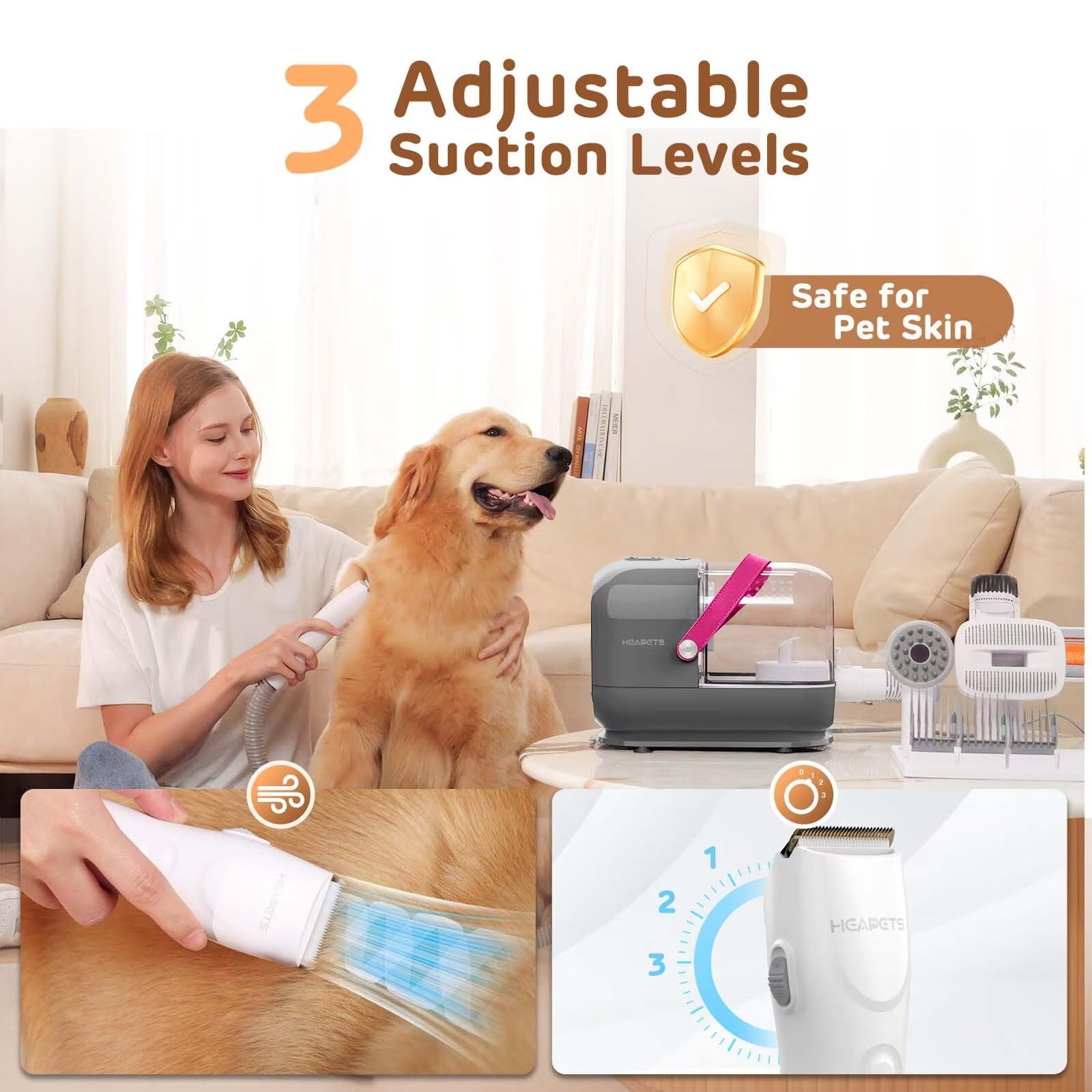 Heapets Dog Grooming Vacuum Kit - 3L Vacuum With 7 Tools, Low Noise Electric Clipper And Brush For Pet Shedding At Home, Gray