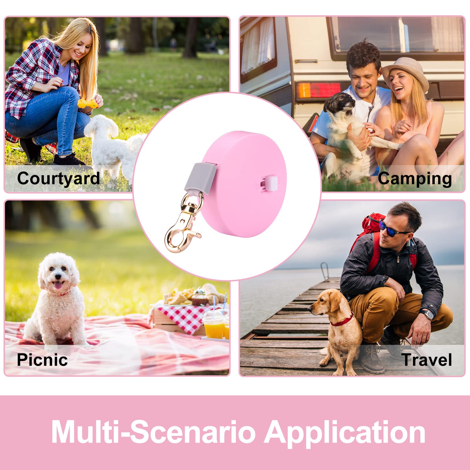 Retractable Dog Leash For Small Dogs Cats Up To 11Lbs With 6.5Ft Anti-Pull Strong Nylon Tape, Hands Free, Mini And Portable Walking Leash With Wrist Strap, One-Hand Brake, Pink Round