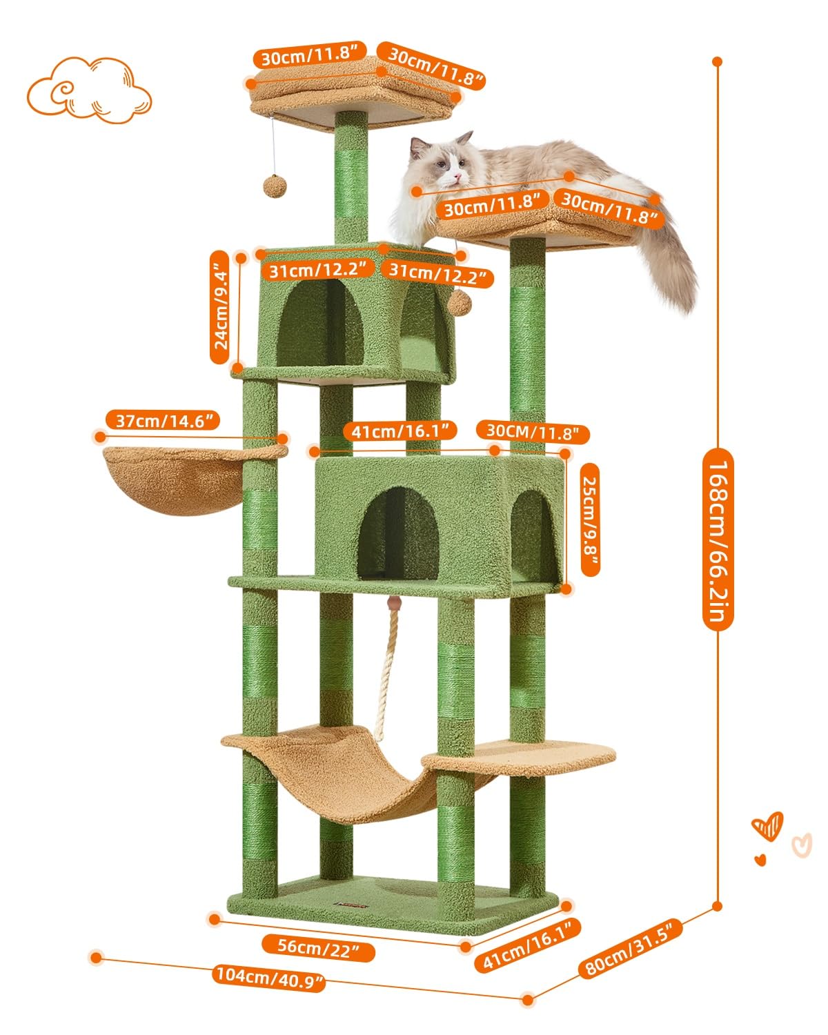Taoqimiao Cat Tree, 66.2-Inch Cat Tower for Indoor Cats, Plush Multi-Level Cat Condo with 12 Scratching Posts, 2 Perches, 2 Cave