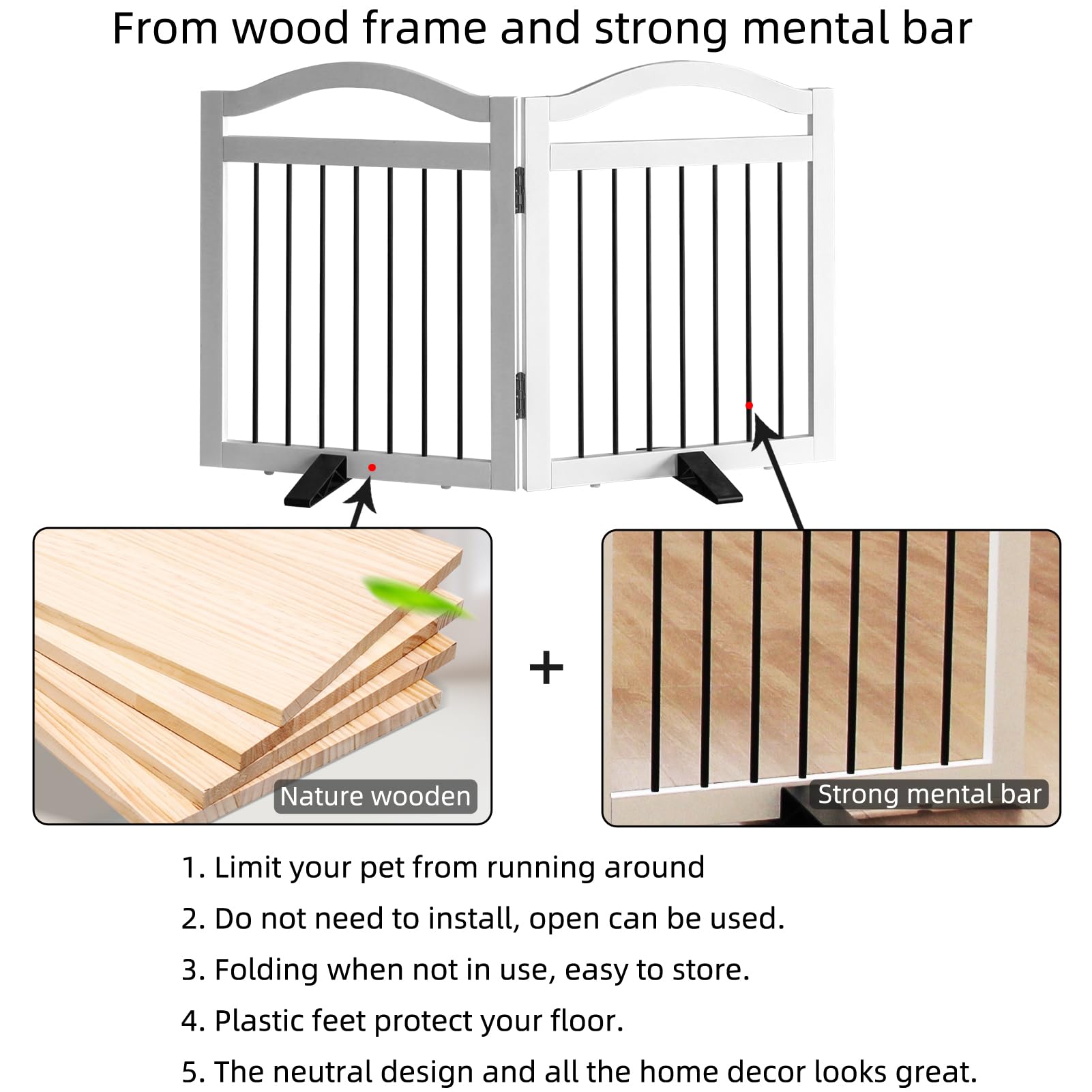 SFJC Foldable Freestanding Indoor Dog Gate for Doorways Wooden White Pet Gate for The House Dog Fence with Support Feet Included