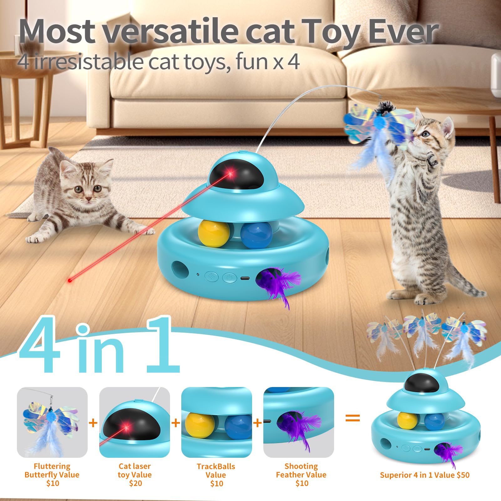Mohaya Cat Toys,4-In-1 Automatic Kitten Toy For Bored Indoor Adult Cats,Lectric Flying Butterfly,Whack A Mole,Feather Track Ball
