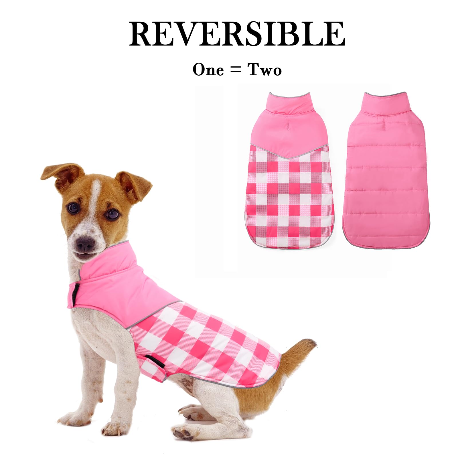 Geyecete Reversible Winter Dog Coat - Water Resistant British Style Plaid With Leash Hole, Soft Warm Jacket - Pink - X-Small