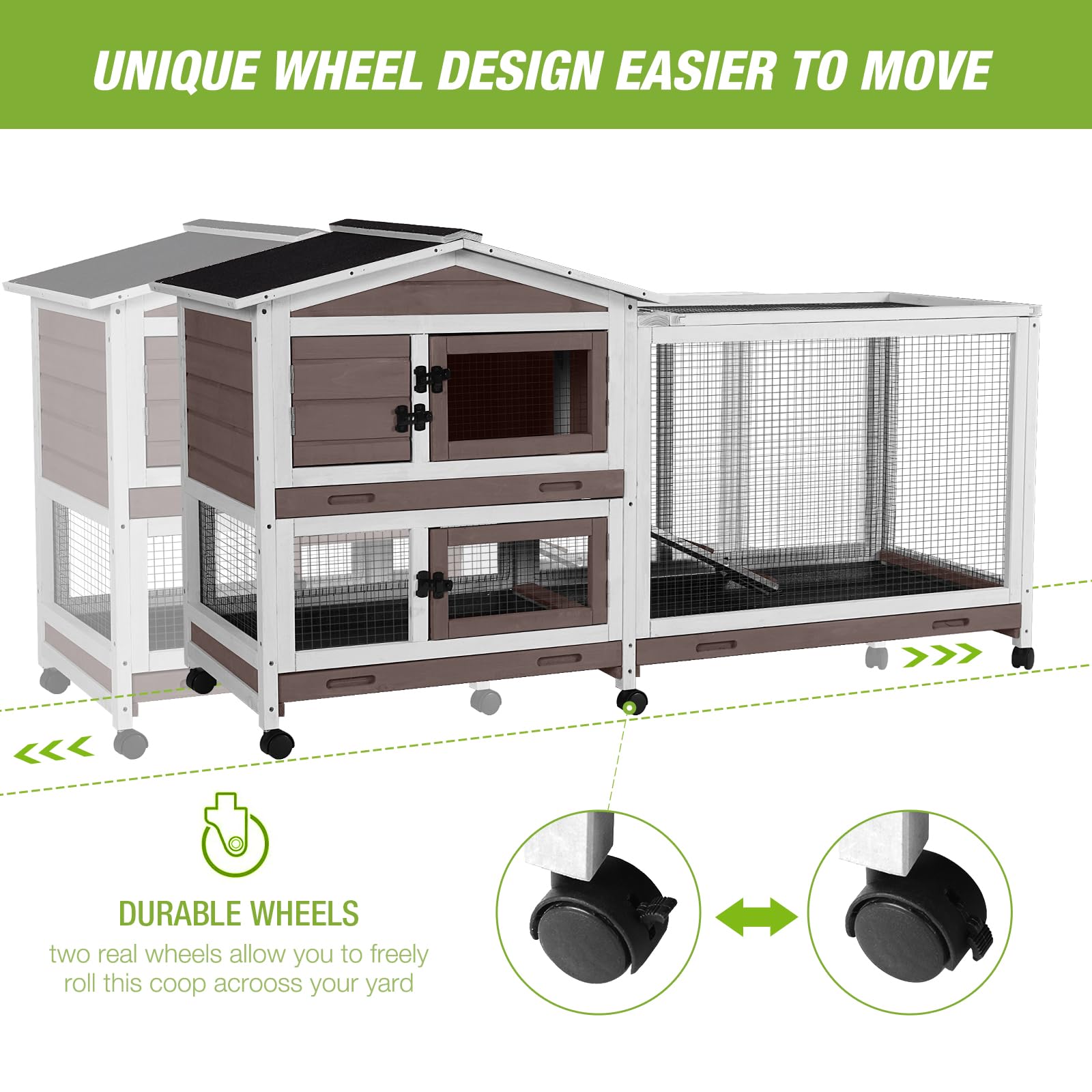 Outdoor Rabbit Hutch Indoor Bunny On Wheels Large Guinea Pig Cage With Run For Any Small Animals,Removable Pull Out Tray White