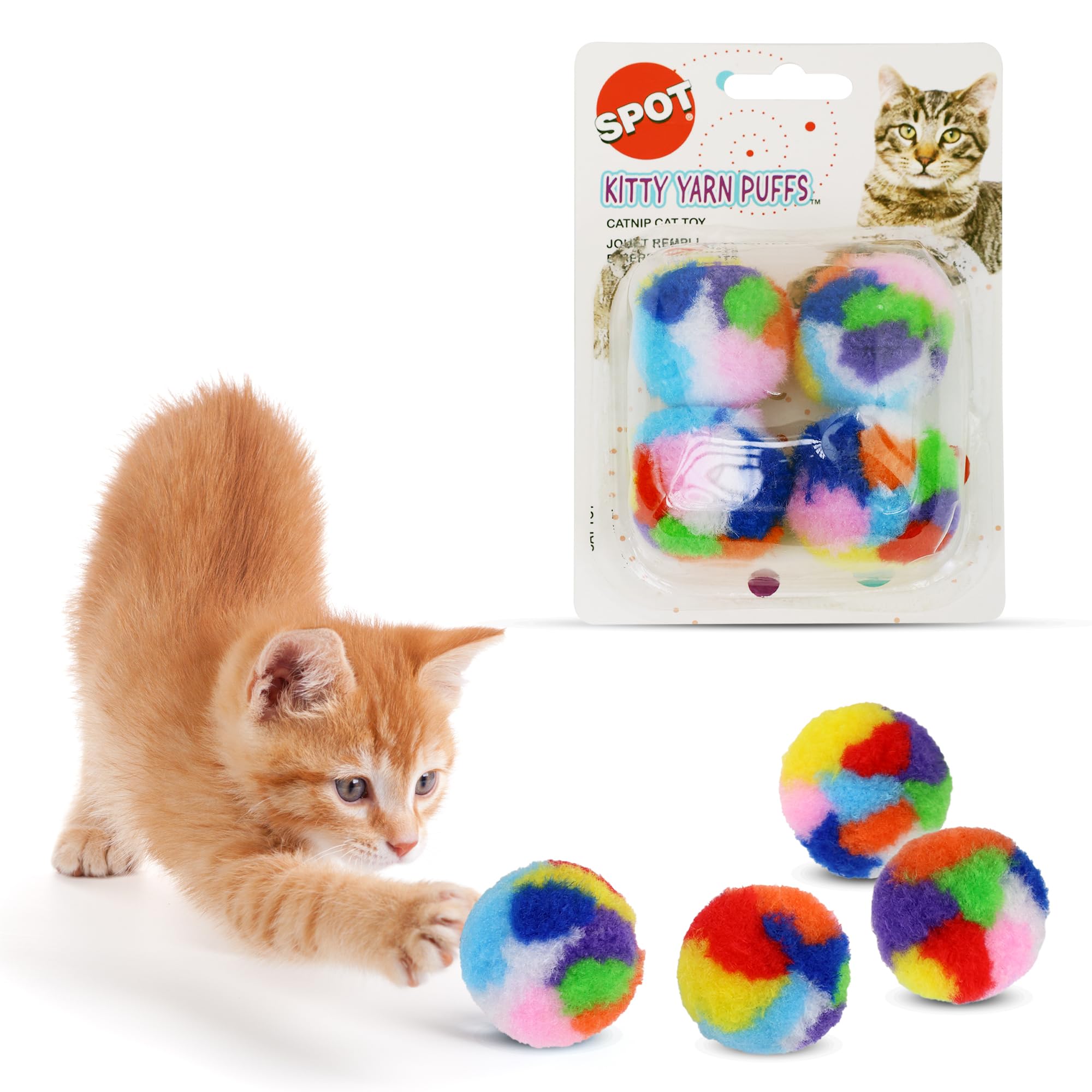 Spot Kitty Yarn Puffs Colorful Woolen Yarn Cat Toy Contains Catnip 1.5'' Pack Of 4 By Ethical Pet, Small