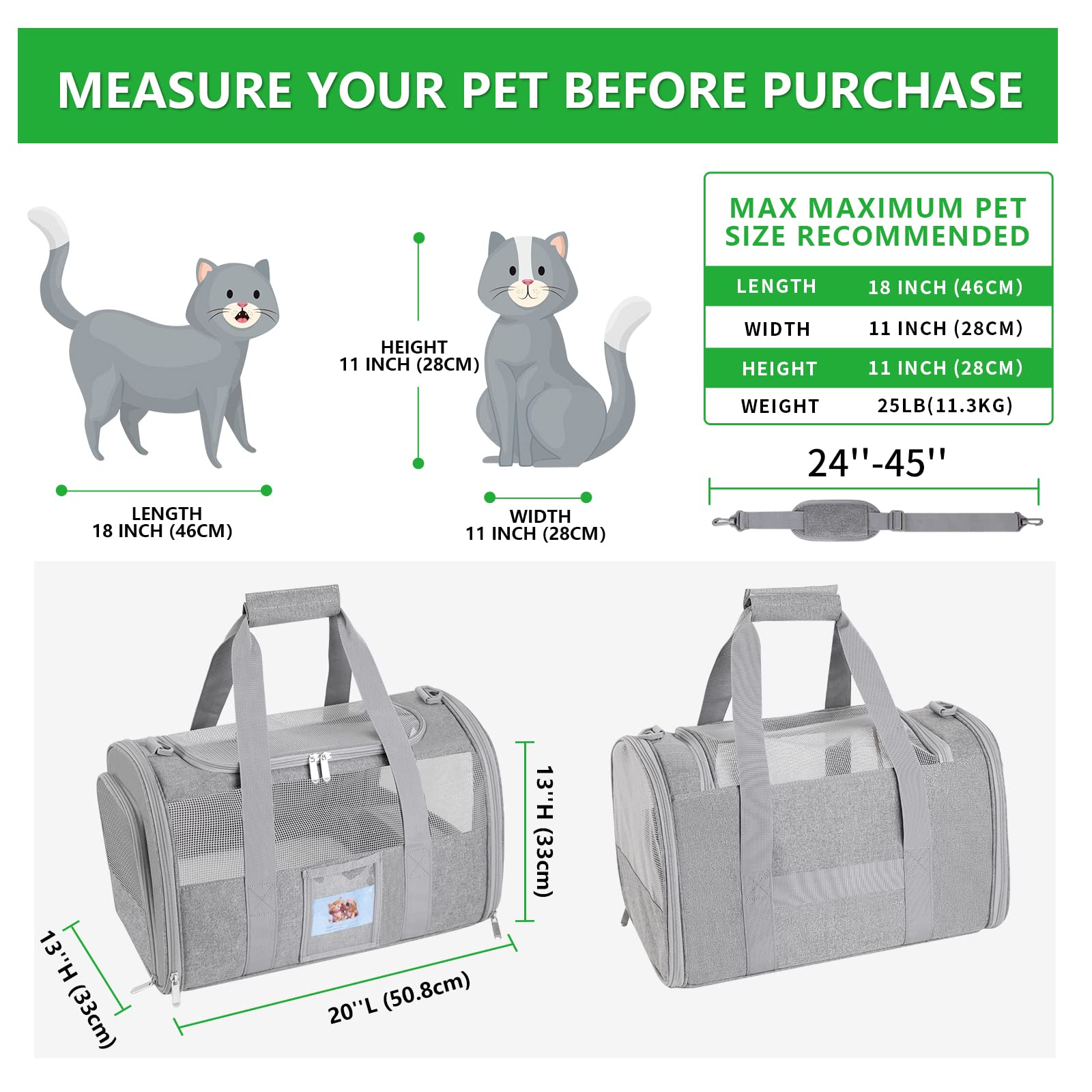 Seclato 20'' Large Soft Sided Cat Carrier Pet Carrier For Cats Dogs Under 25 Lbs, Folding Dog Carrier Cat Carrier For 2 Cats Tra