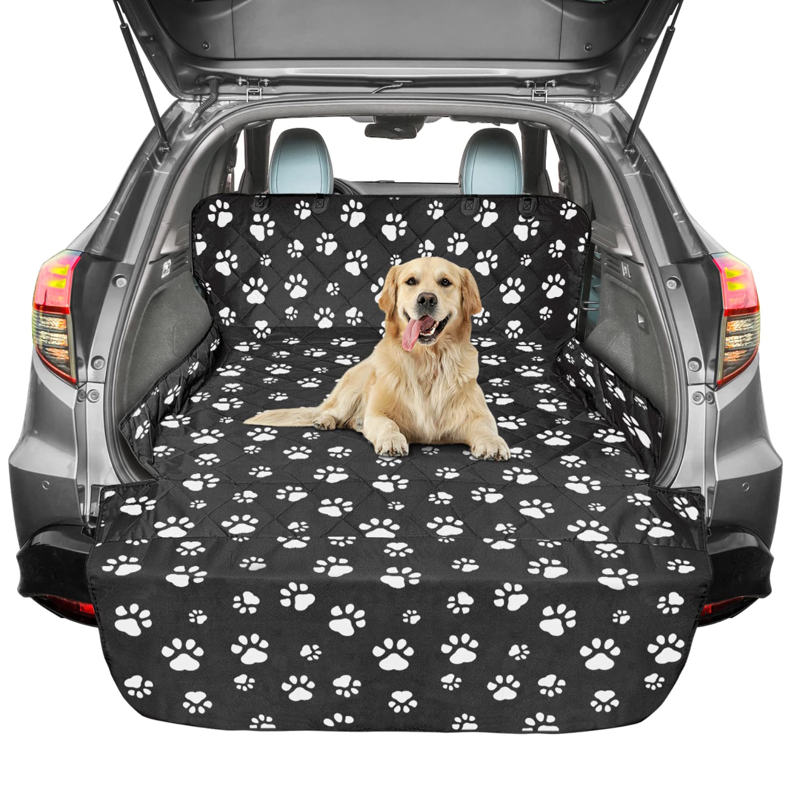 F-Color Suv Cargo Liner For Dogs, Water Resistant Pet Cargo Cover Dog Seat Cover Mat For Suvs Sedans Vans With Bumper Flap Protector, Non-Slip, Large Size Universal Fit, Paw Print