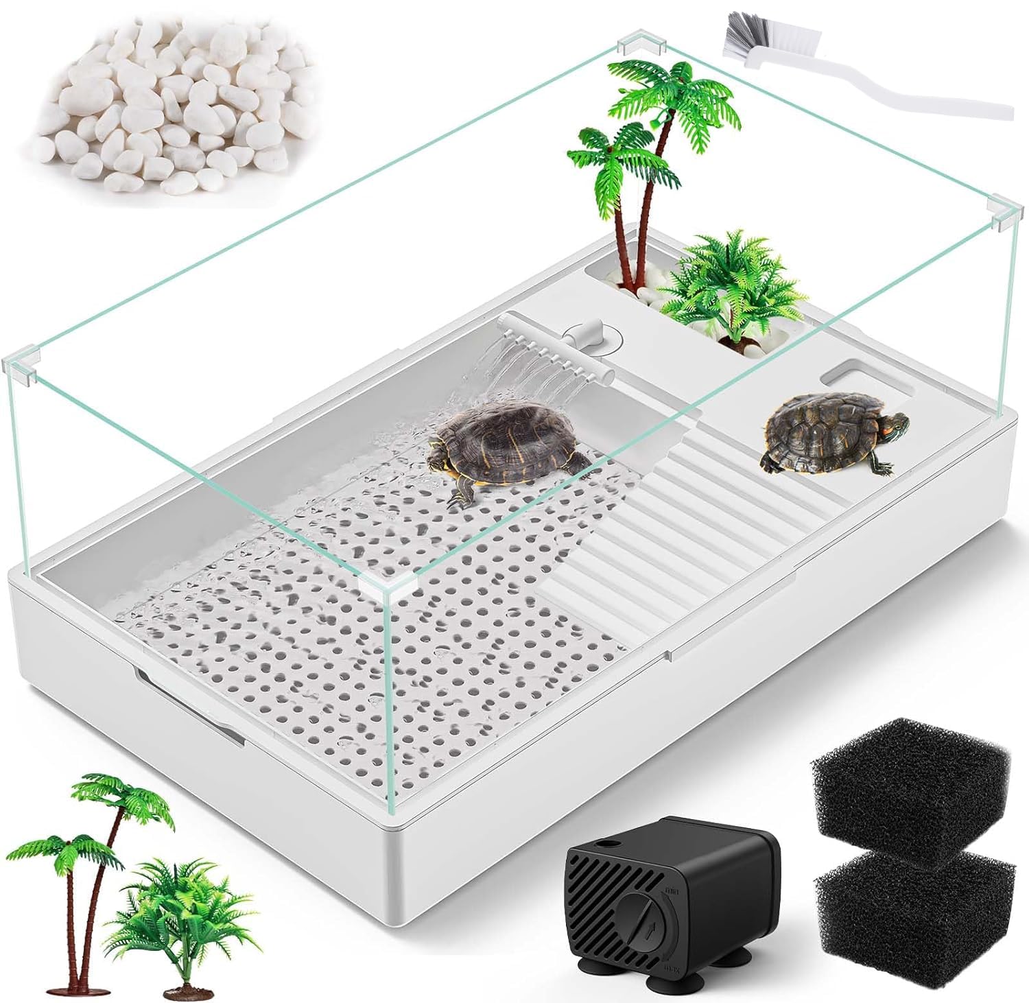 Moonorange Large Turtle Tank (Tank + Water Pump), Acrylic Turtle Tank Starter Kit With Upgrade Rain Shower Head, Adjustable 5W W