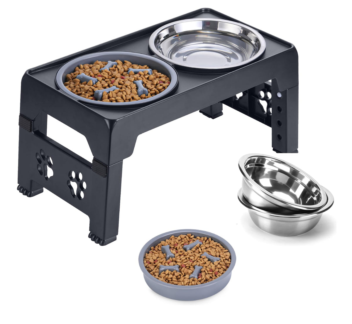 Laloblue Elevated Dog Bowls - Raised Stand With 2 Stainless Steel And 1 Slow Feeder Bowl, Adjustable 5 Heights For Medium Large 