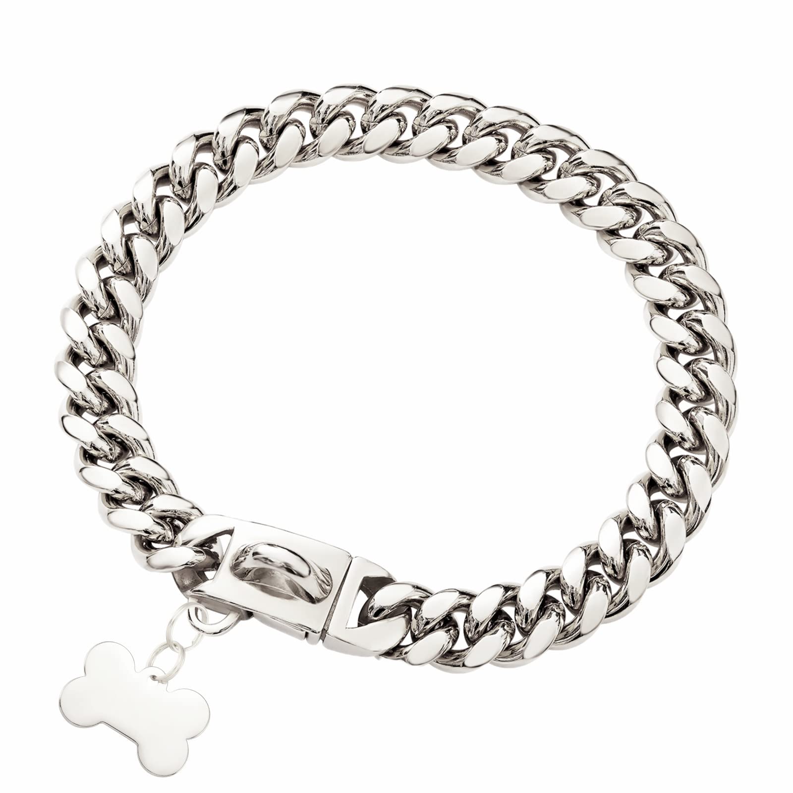 Stainless Steel Silver Cuban Link Curb Dog Collar, Heavy Duty Bulldog Jewelry Dog Necklace